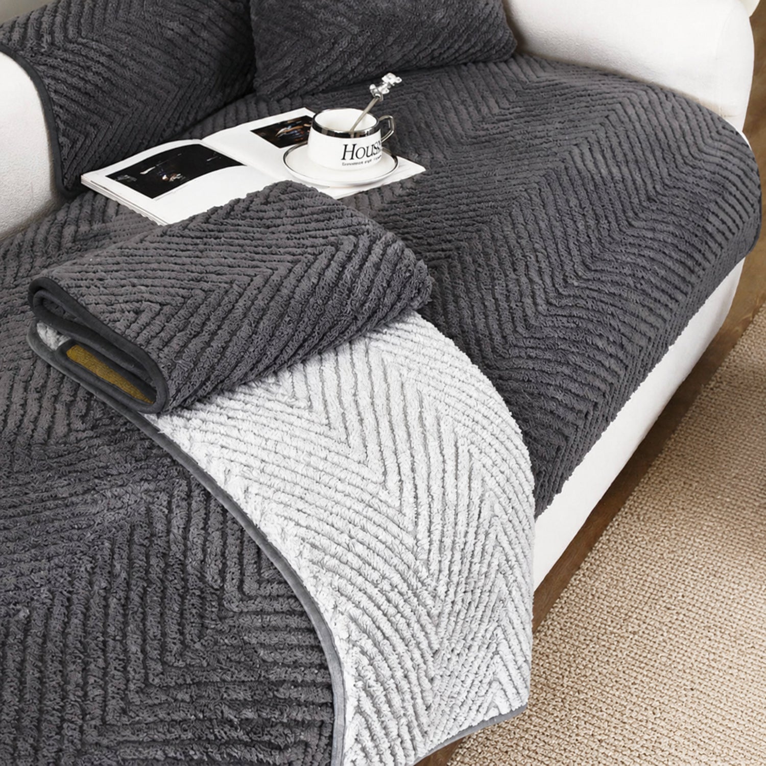 Thickened Plush Herringbone Sofa Cover | Non-Slip Pet-Proof Couch Protector | Machine Washable | Woofing Deals
