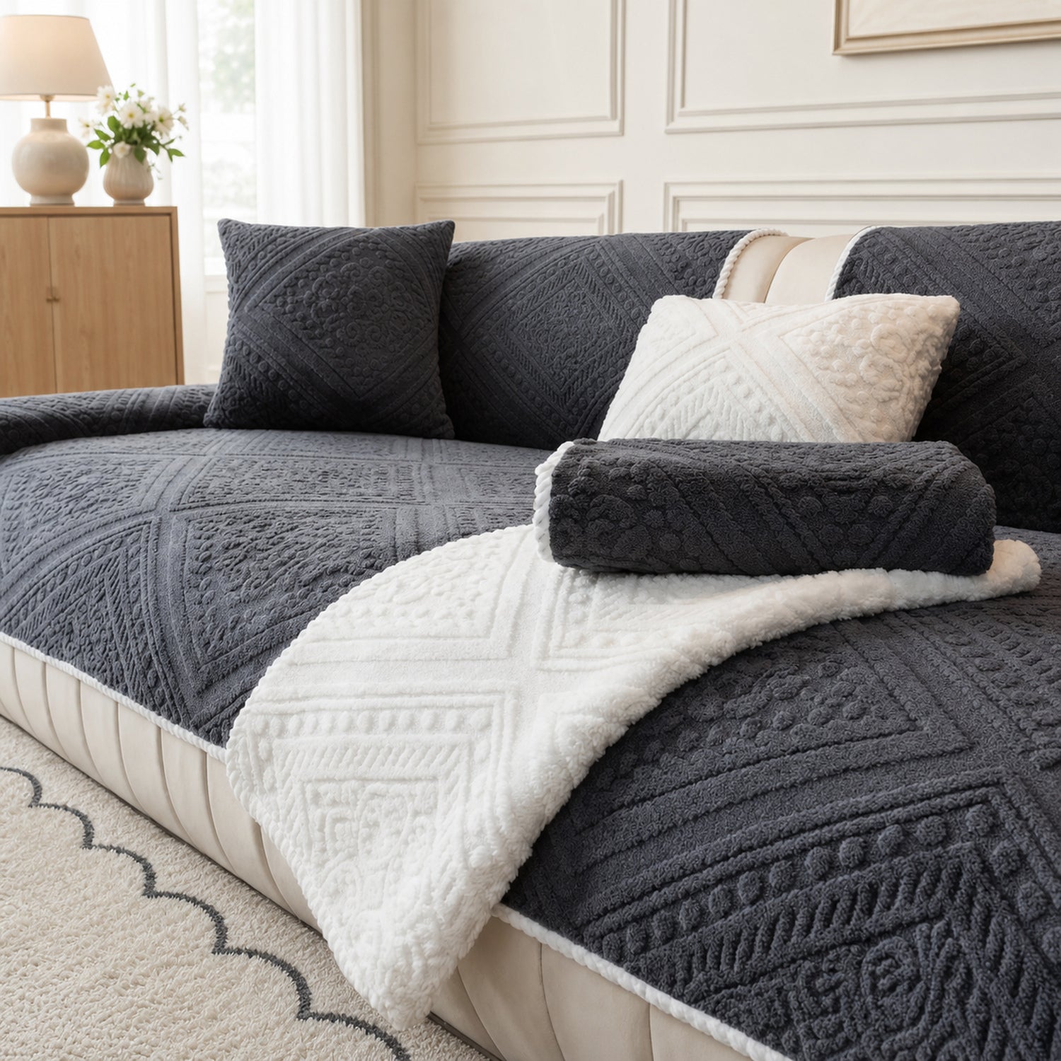 Nordic Carved Plush Sofa Protector | Non-Slip Washable Textured Cover