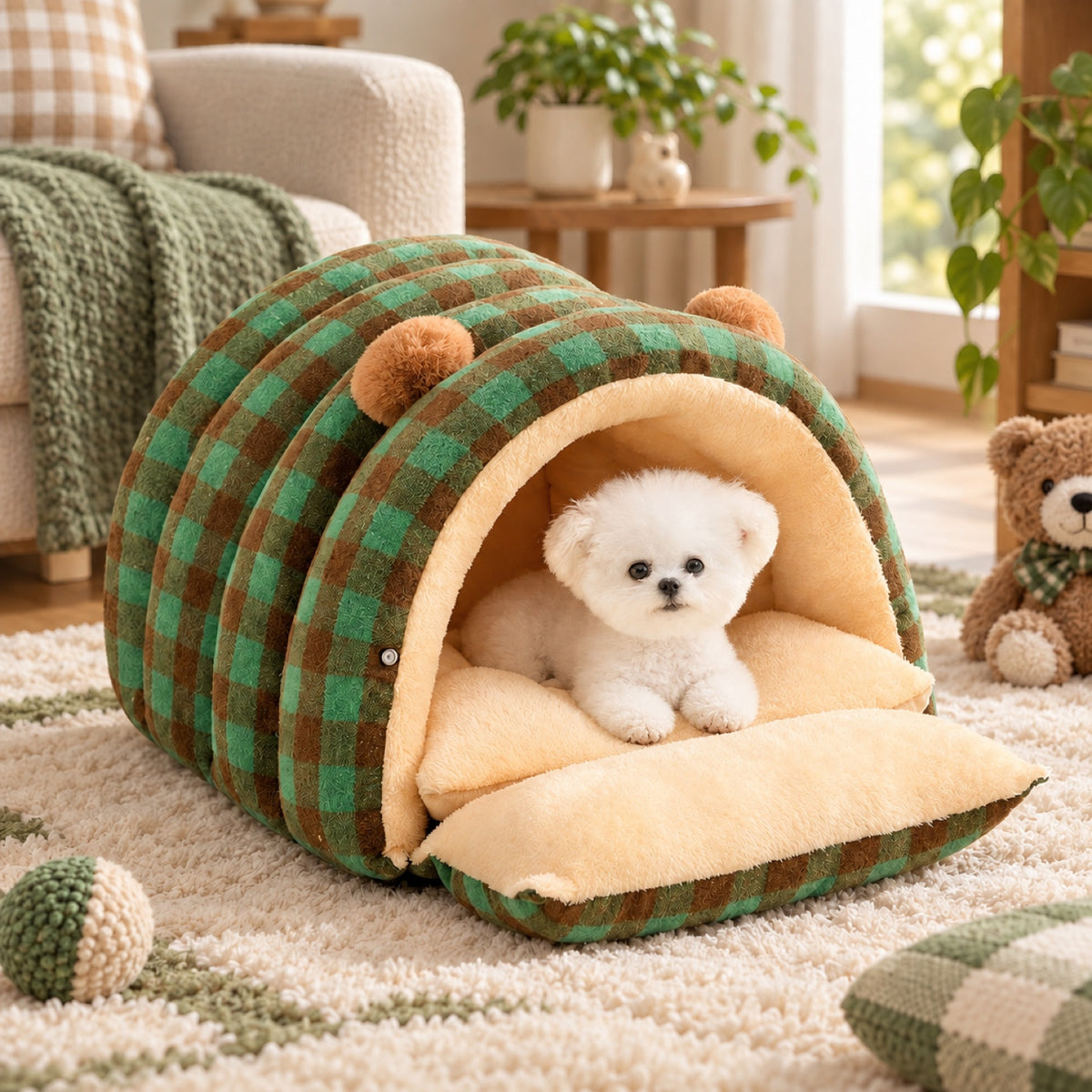 Dog Bed & Cat Bed | Cuddle Cabin Plush Cave | Removable Cushion & Fold-Down Front