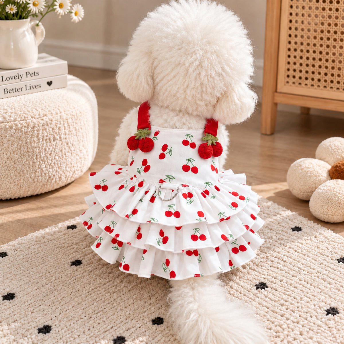 Sweet Cherry Dog Dress | Breathable Cotton with Tiered Ruffles
