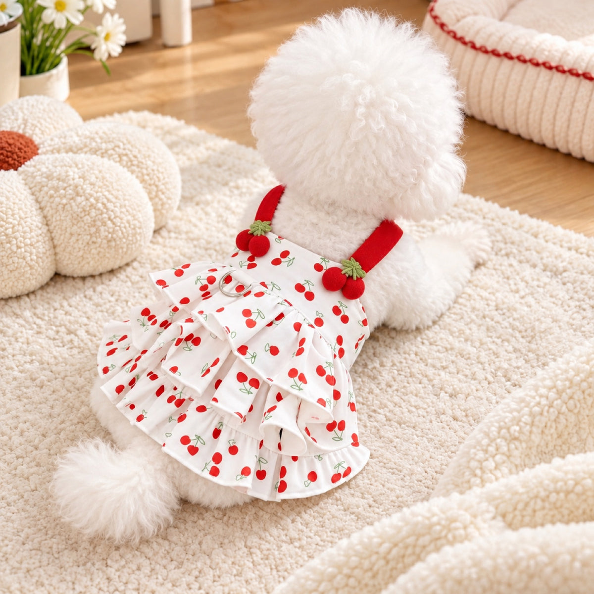 Sweet Cherry Dog Dress | Breathable Cotton with Tiered Ruffles