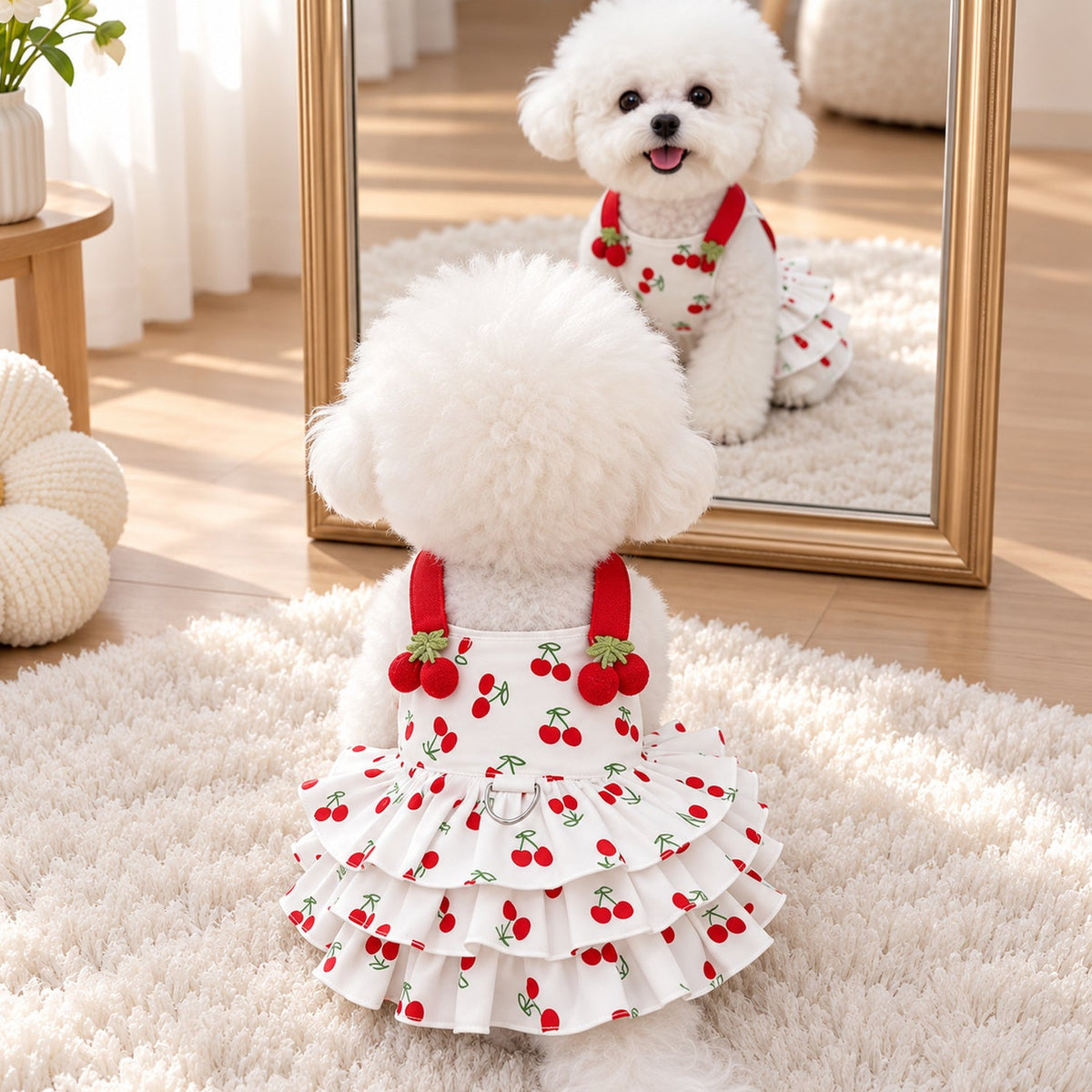 Sweet Cherry Dog Dress | Breathable Cotton with Tiered Ruffles