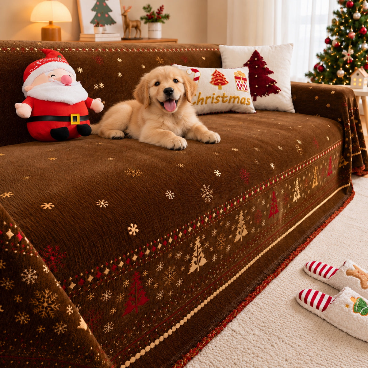 Christmas Sofa Throw | Non-Slip Chenille Sofa Cover | Machine Washable