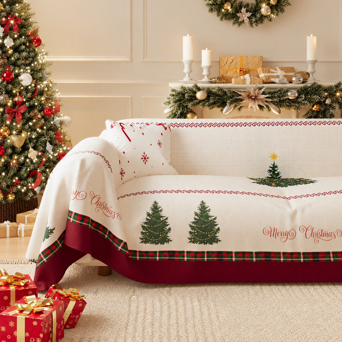 Christmas Sofa Throw | Washable Linen Sofa Cover with Christmas Tree Pattern