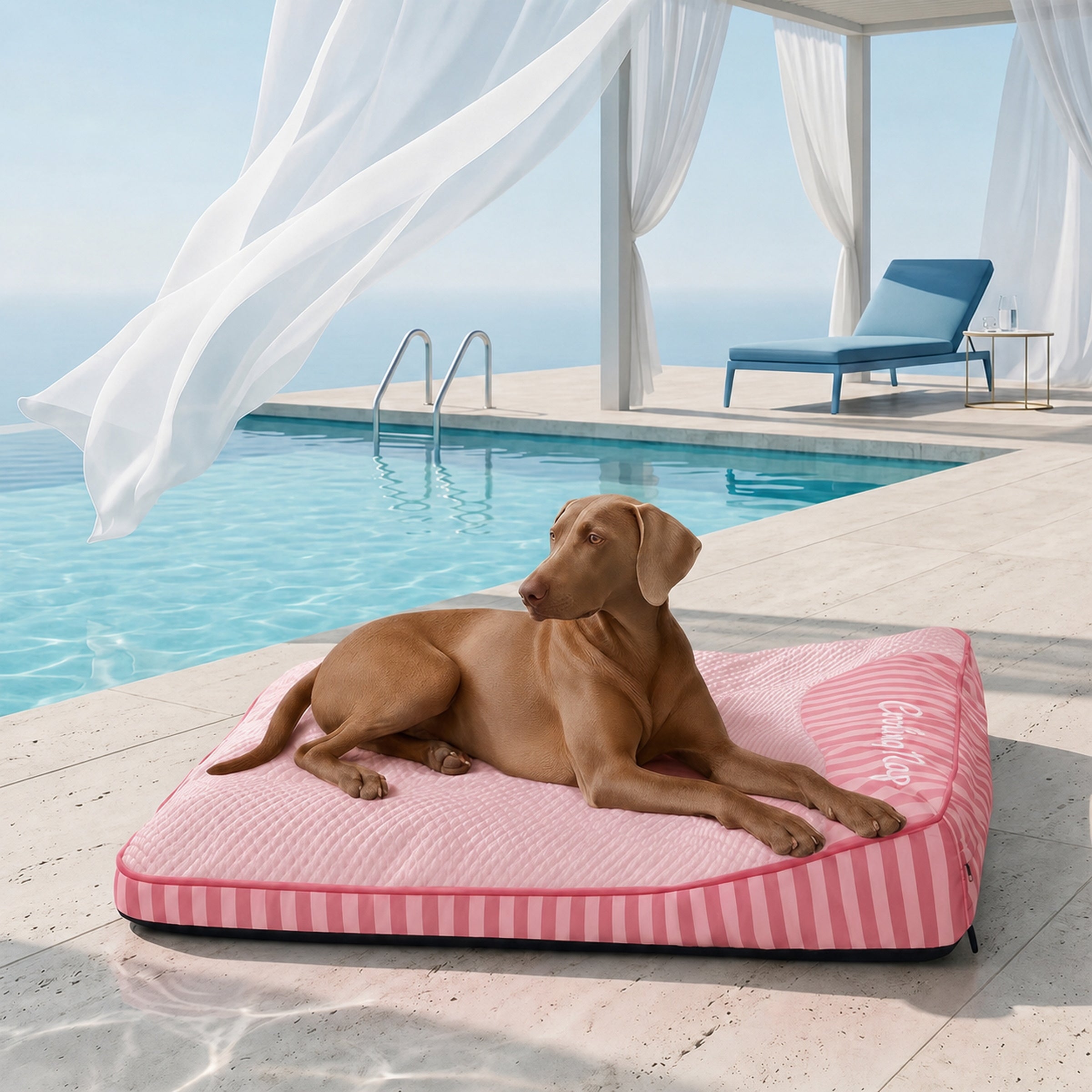 Dog lying on a pink striped dog bed by a poolside with white curtains and a blue chair.