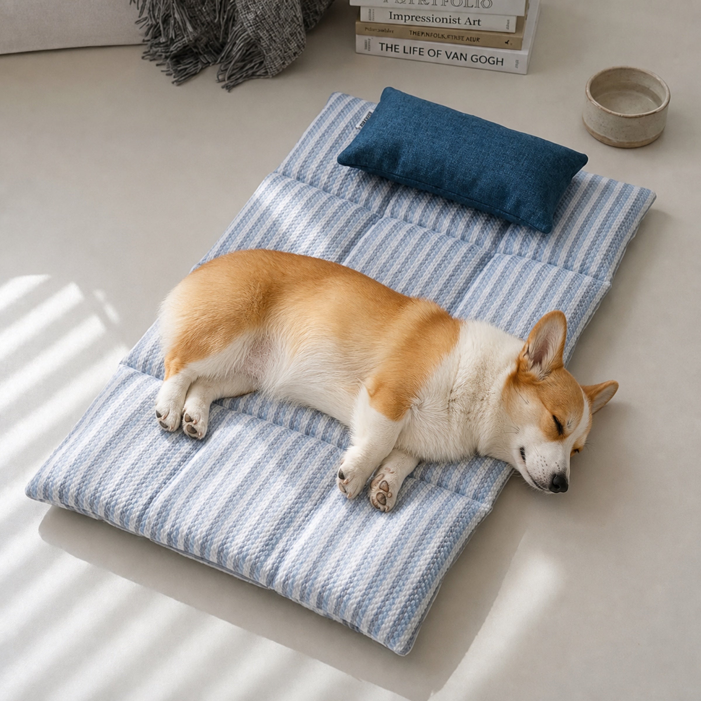 Striped Cooling Dog Mat | Ice Silk Non-Slip Bed with Pillow