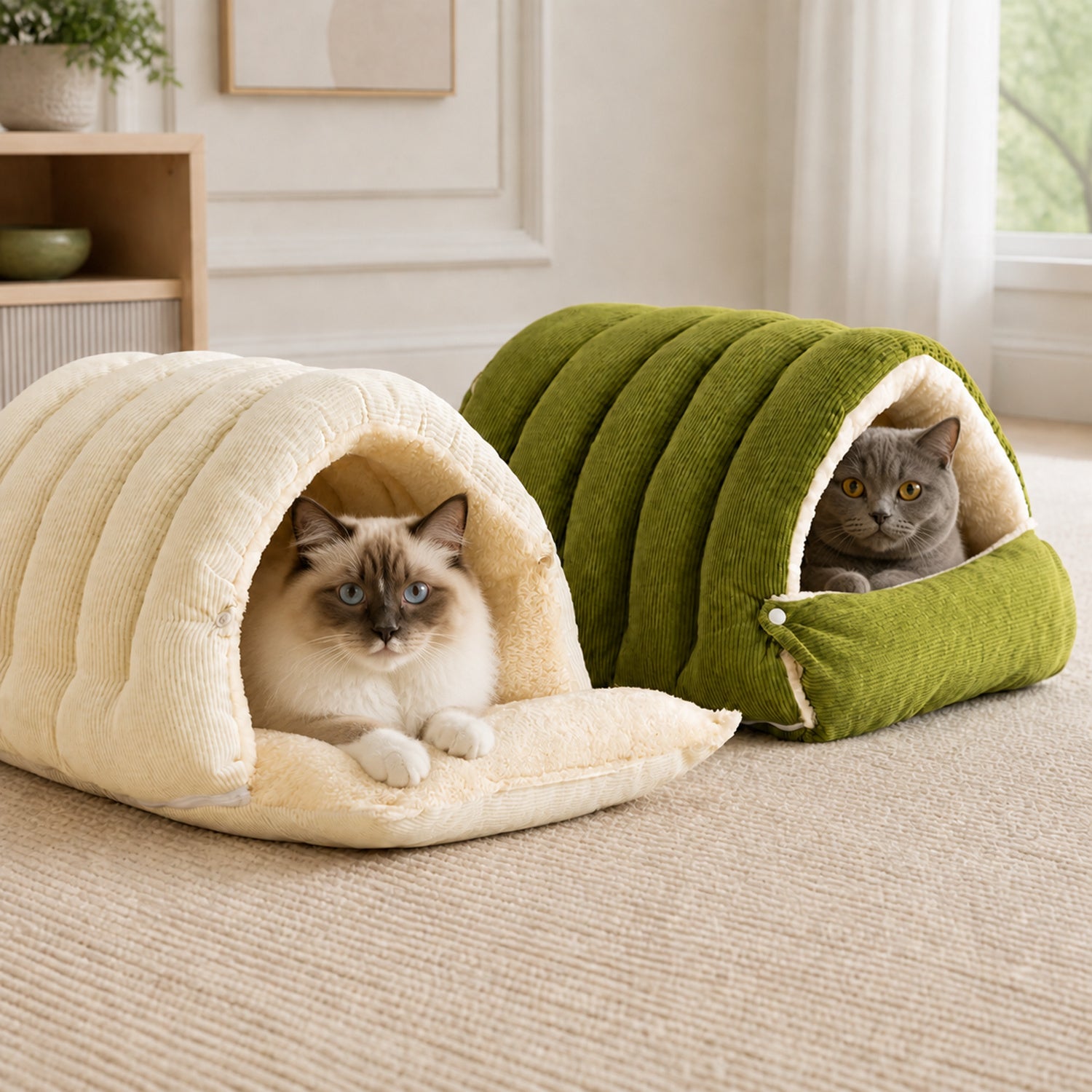 Cosy Tunnel Cat Bed | Warm Corduroy | Removable Washable Hideaway
