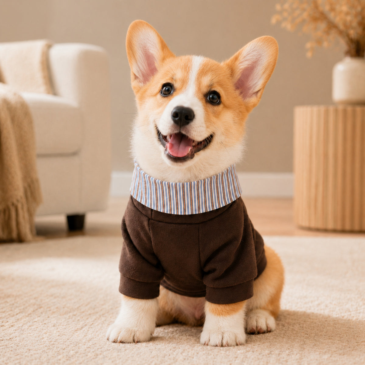 Teddy Bear Pocket Pet Coat | Striped Collar | Cosy Layered-Look Outfit