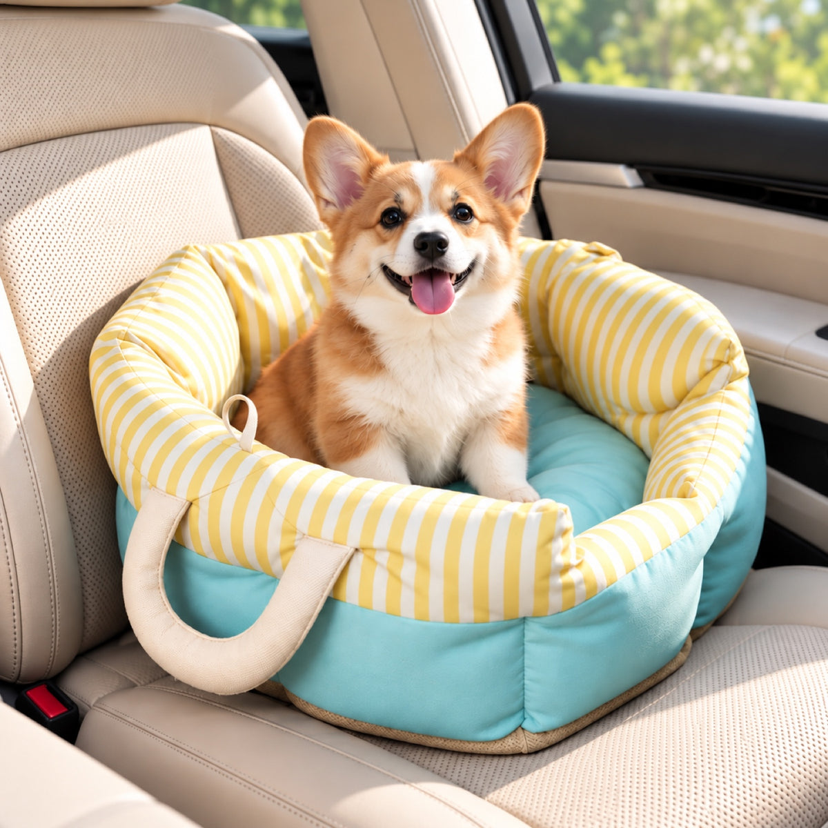 Yellow Stripe Pet Car Seat & Bed | Water-Repellent with Carry Handles