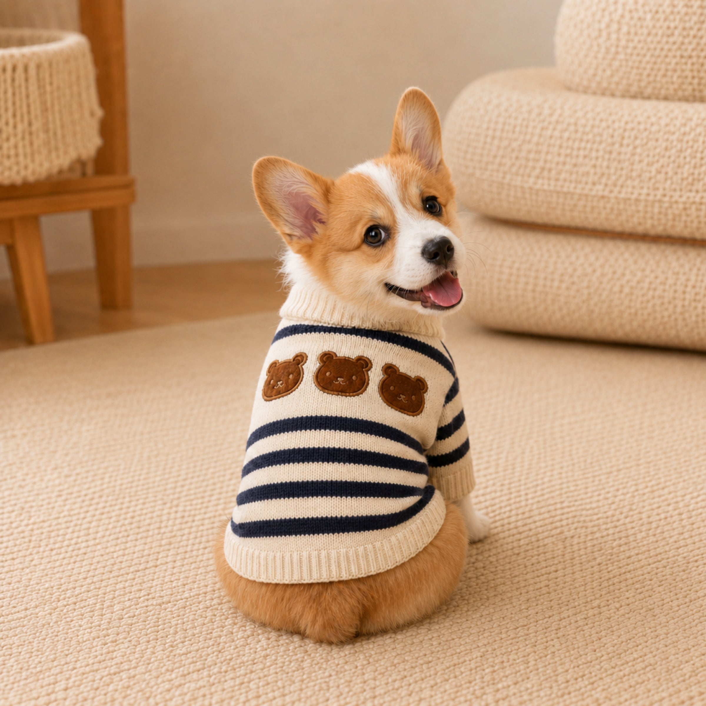 Teddy Bear Stripe Dog Jumper | Cosy Knitted Autumn & Winter Pet Sweater