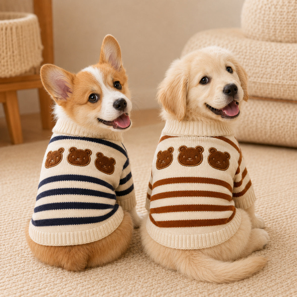 Teddy Bear Stripe Dog Jumper | Cosy Knitted Autumn & Winter Pet Sweater