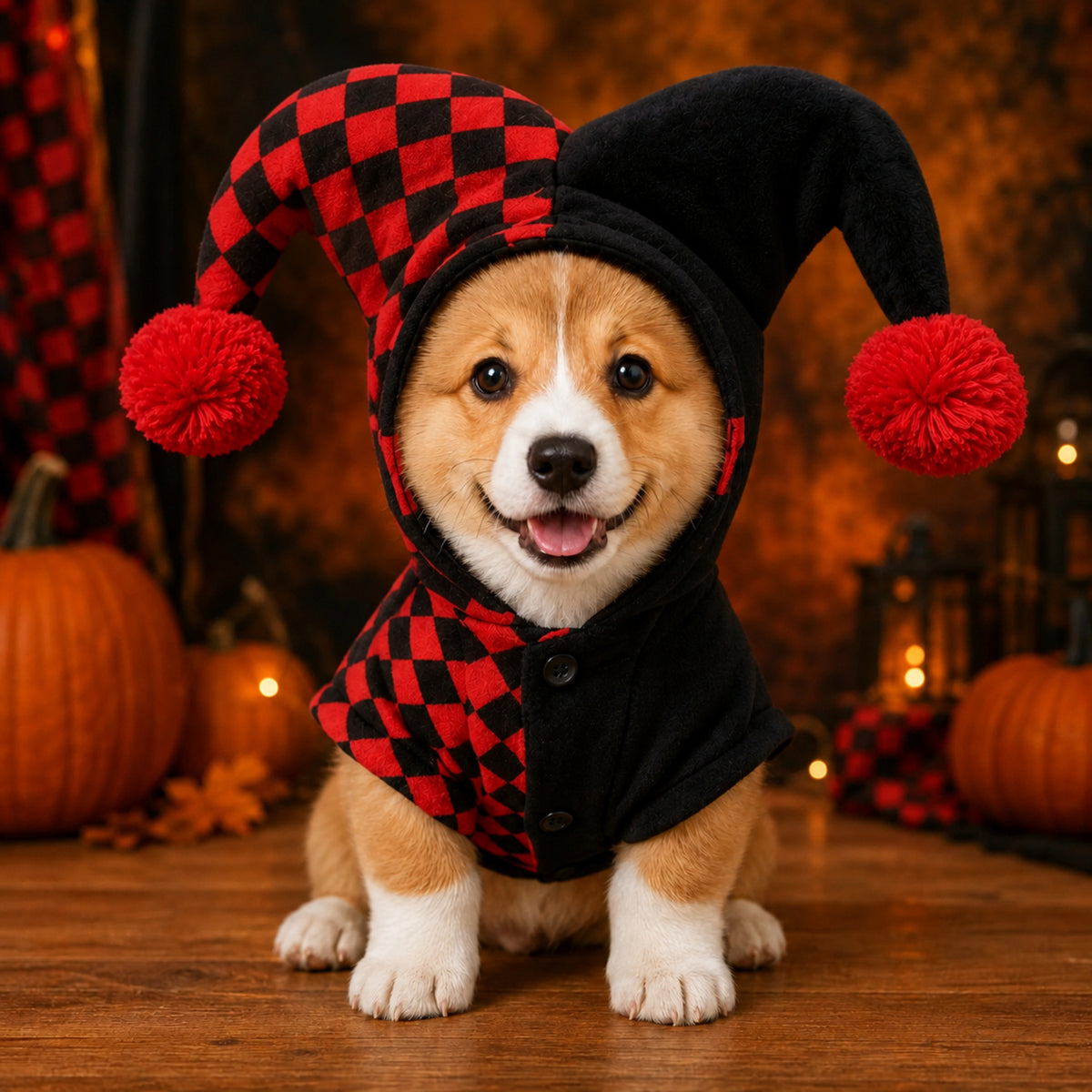 Jester Pet Costume | Red & Black Halloween Fancy Dress for Cats & Small Dogs
