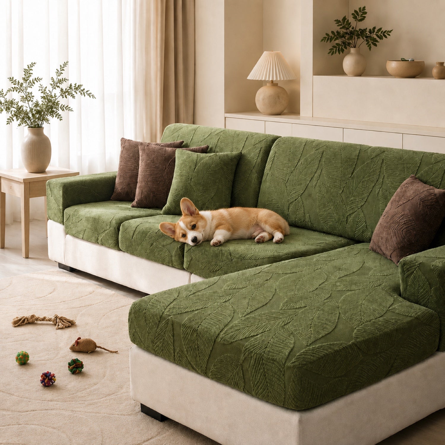 Modern Leaf Jacquard Sofa Cover | Waterproof Stretch Full Wrap | Anti-Scratch Protector | Woofing Deals