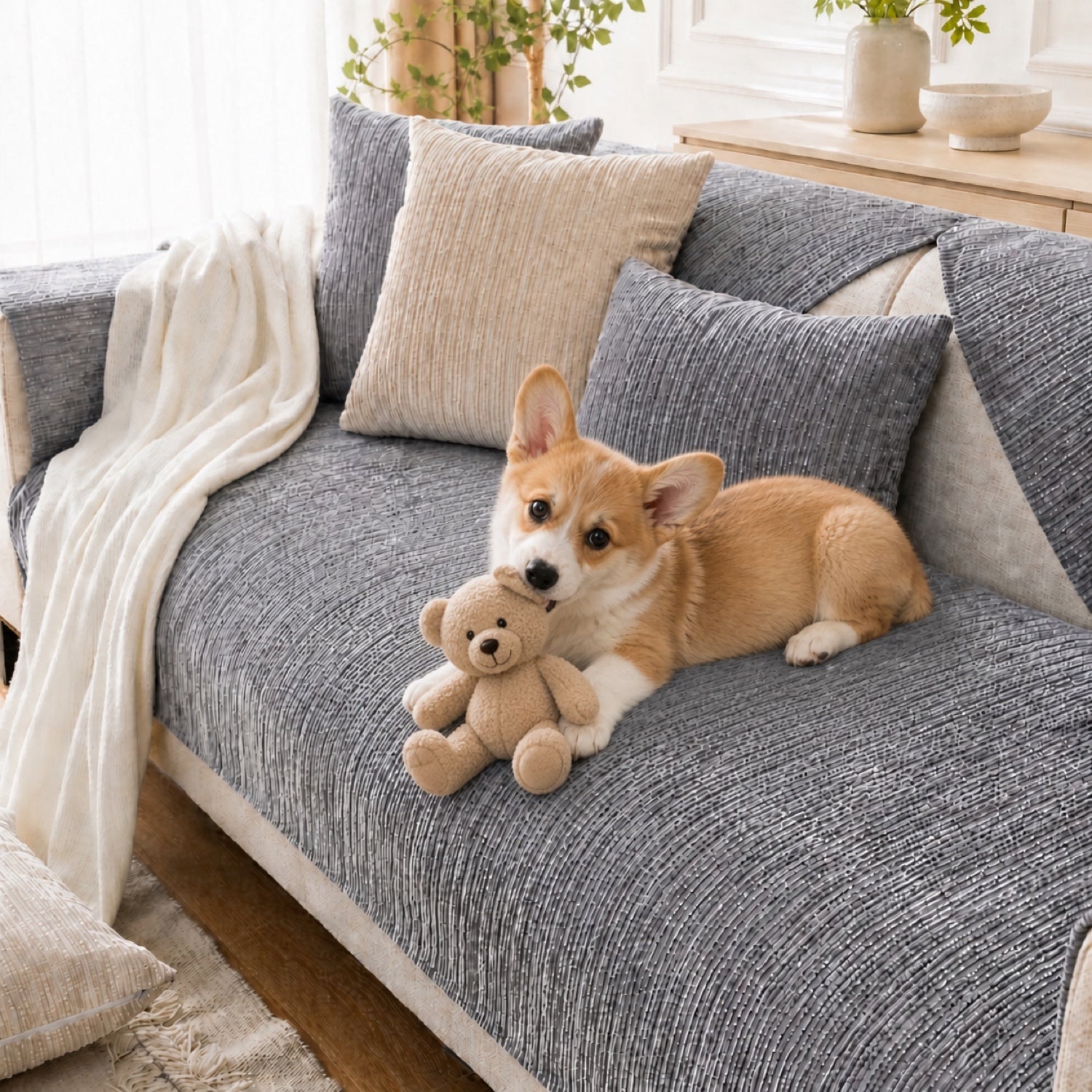 Soft Line Chenille Sofa Protector | Non-Slip Ribbed Design | Machine Washable