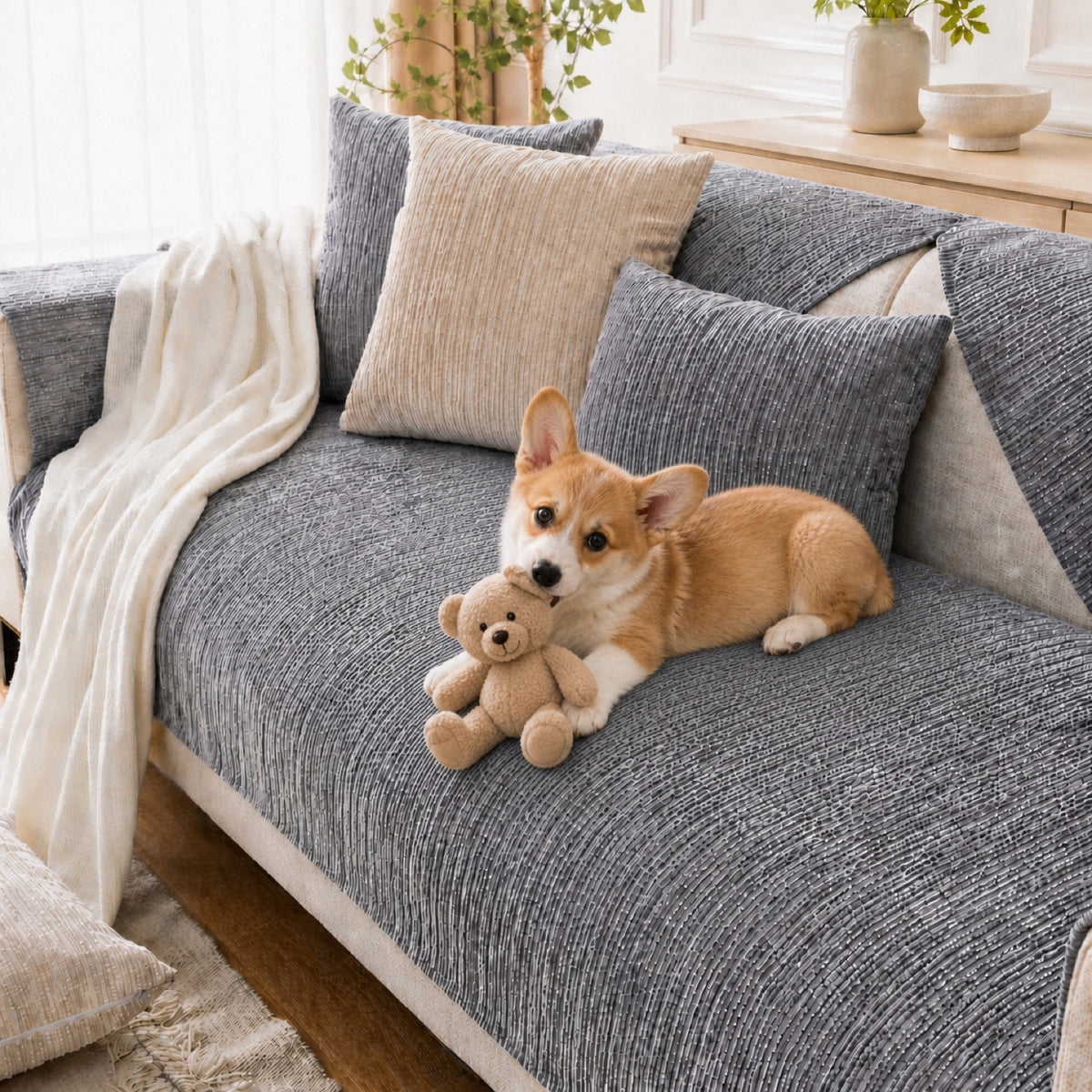 Soft Line Chenille Sofa Protector | Non-Slip Ribbed Design | Machine Washable