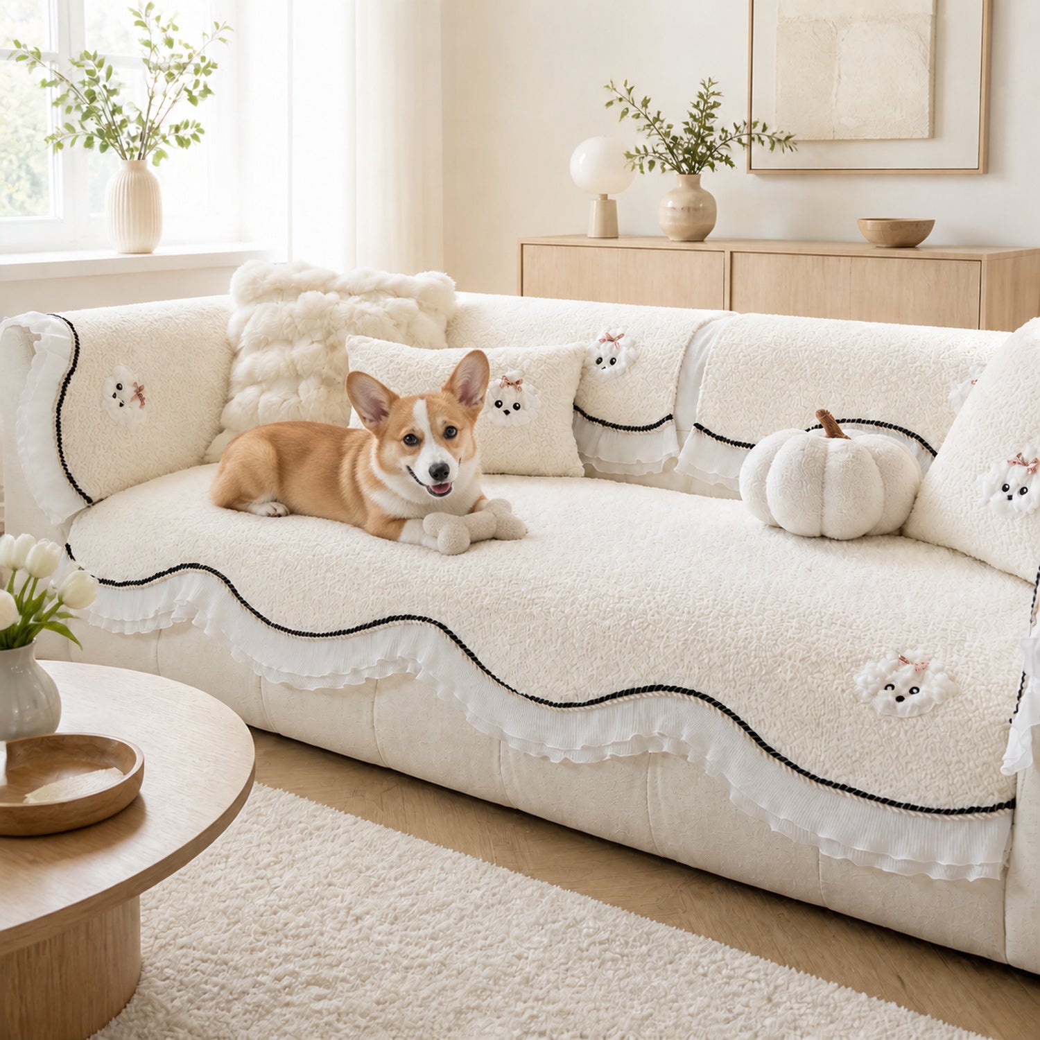 Little Puppy Ruffle Sofa Protector | Chenille | Non-Slip Washable Cover