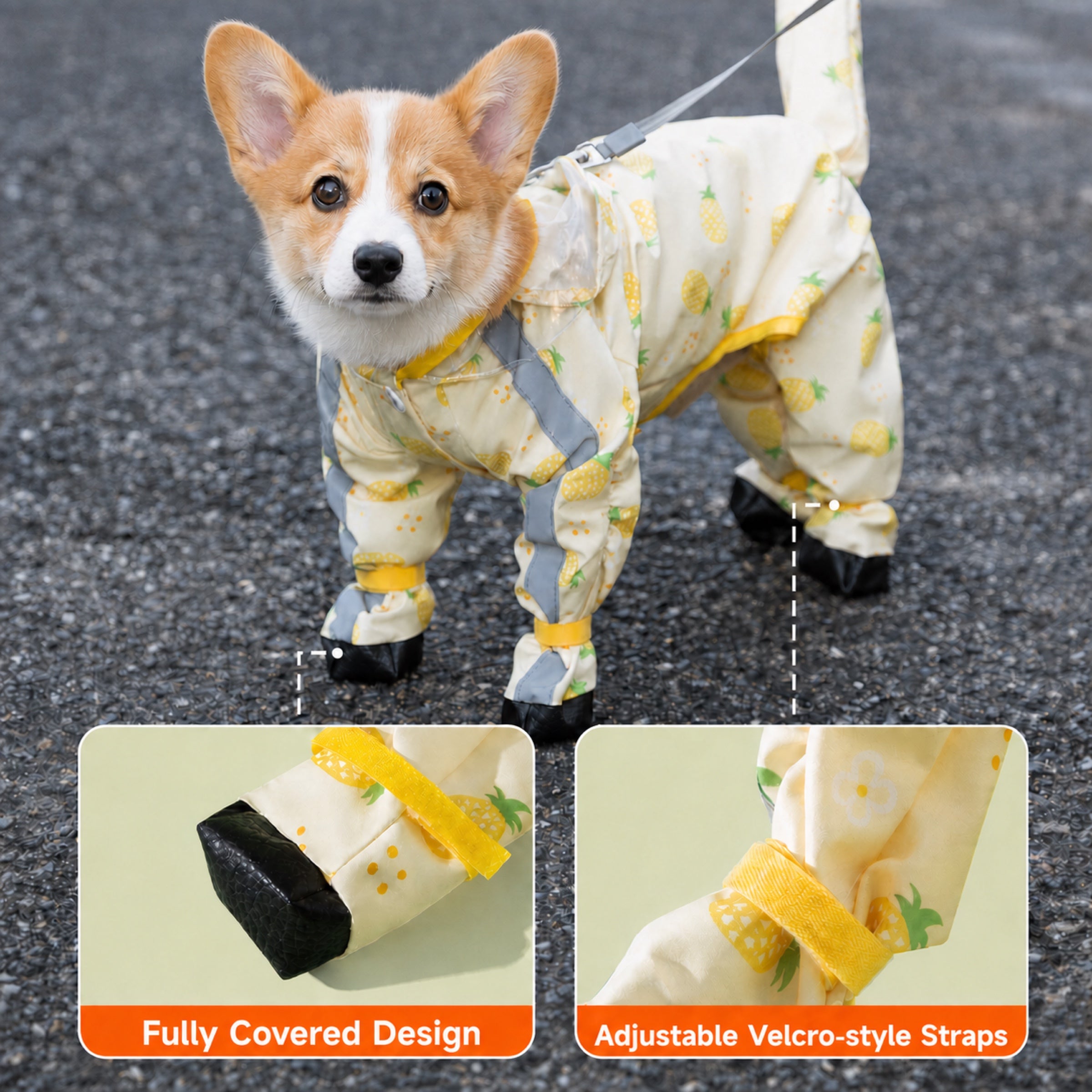 Fruit Print Dog Raincoat | Waterproof Polyester | Full-Coverage Reflective Design