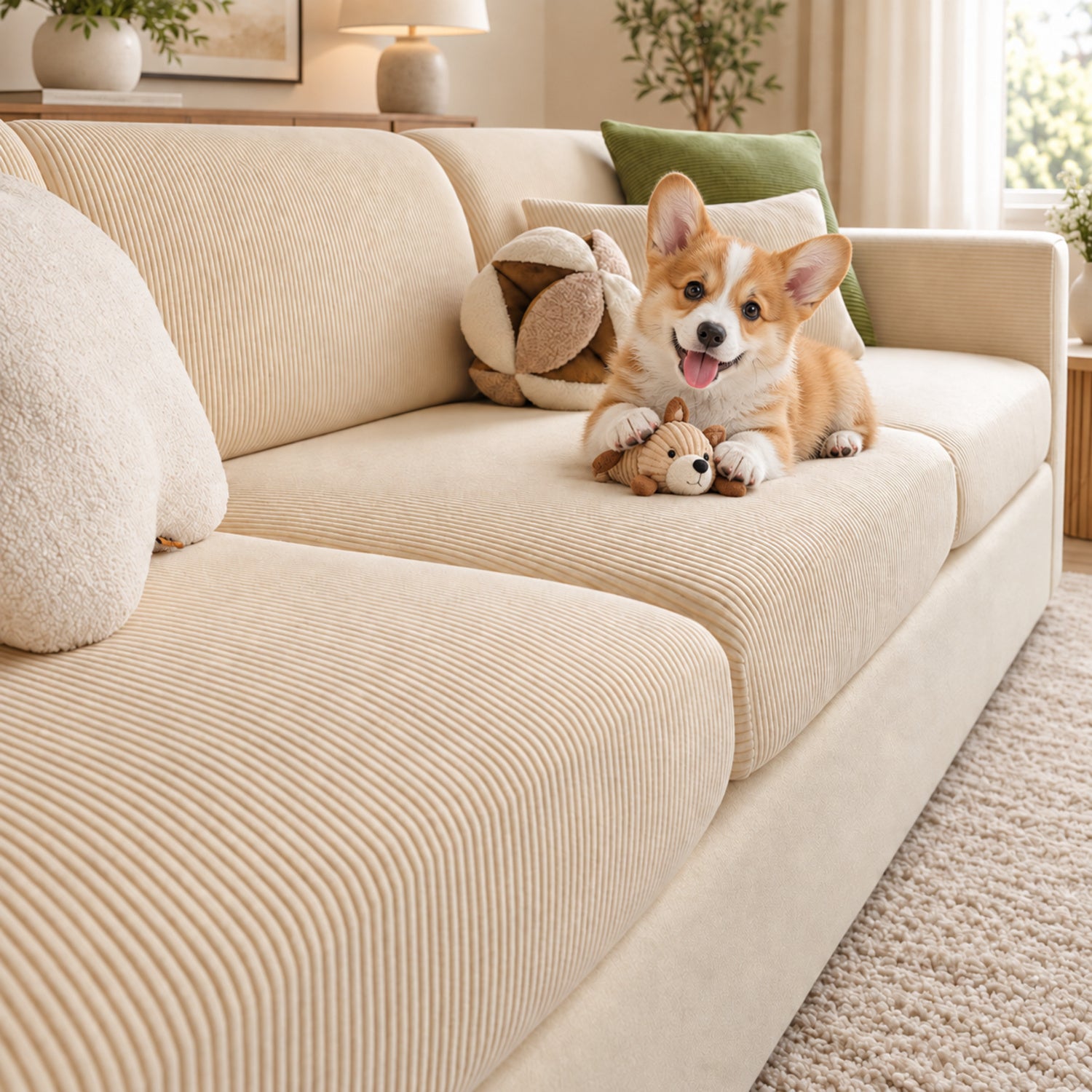 Striped Corduroy Stretch Sofa Cushion Covers | Scratch-Resistant Washable Sofa Protector