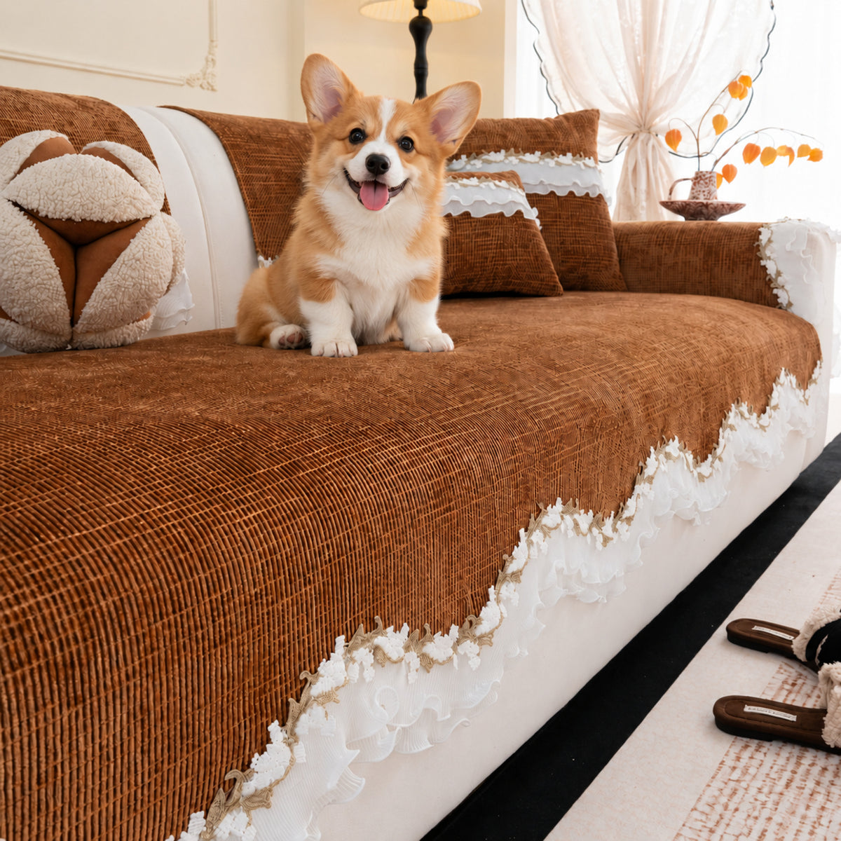 Ruffle Charm Chenille Sofa Cover | Non-Slip & Machine Washable