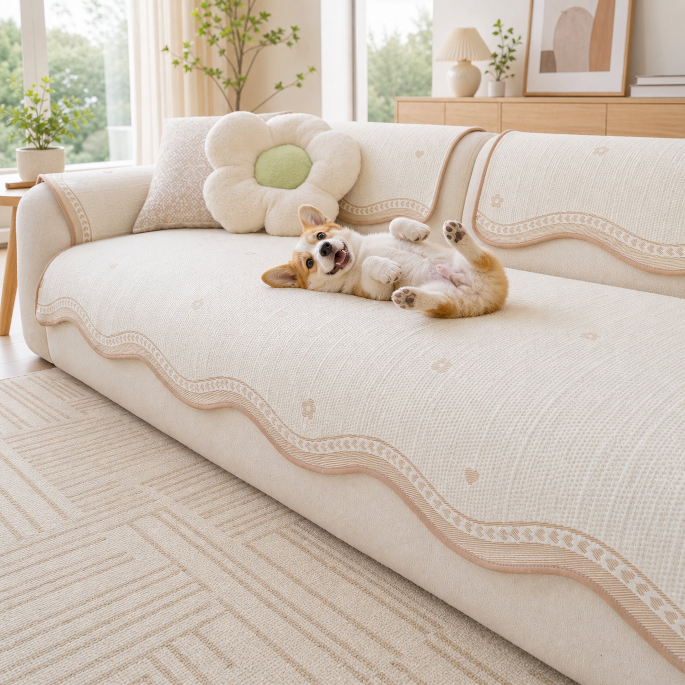 Floral & Bow Cooling Sofa Cover | Breathable Anti-Slip Pet Couch Mat