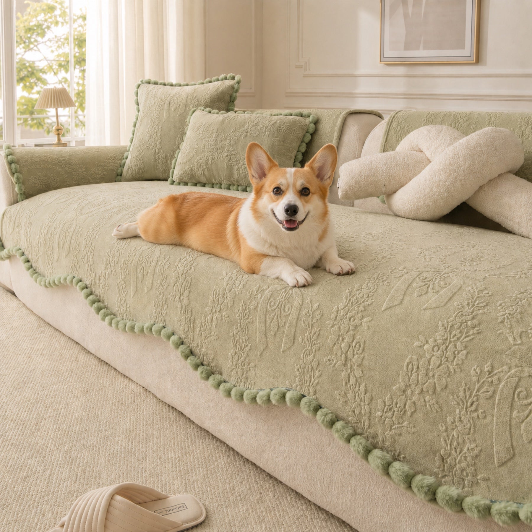 Floral Haven Sofa Cover | Pom-Pom Trim| Anti-Slip & Machine Washable