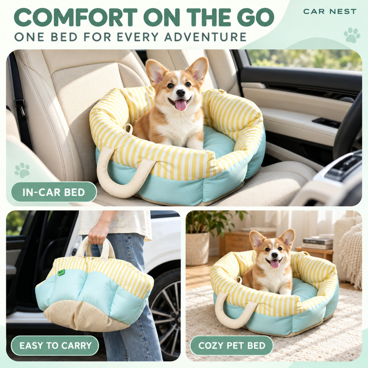 Yellow Stripe Pet Car Seat & Bed | Water-Repellent with Carry Handles