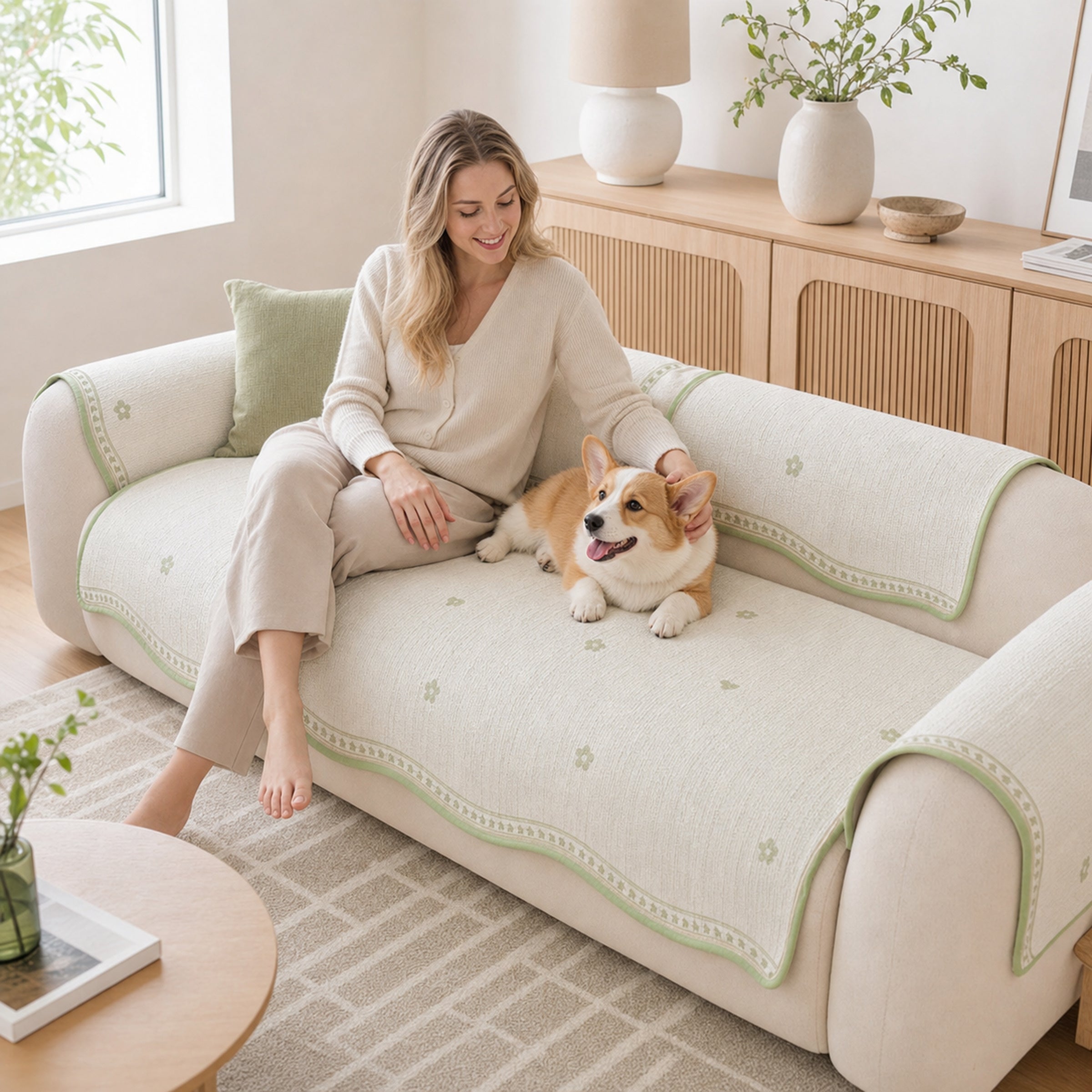 Floral & Bow Cooling Sofa Cover | Breathable Anti-Slip Pet Couch Mat