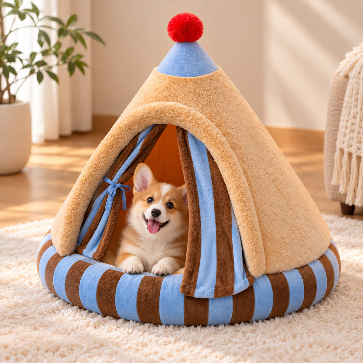 Circus Tent Dog Bed | Plush Pet Cave with Removable Cushion
