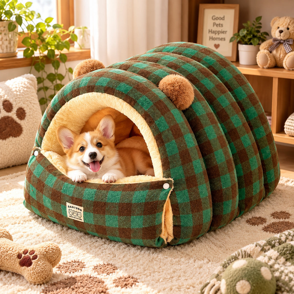Dog Bed & Cat Bed | Cuddle Cabin Plush Cave | Removable Cushion & Fold-Down Front