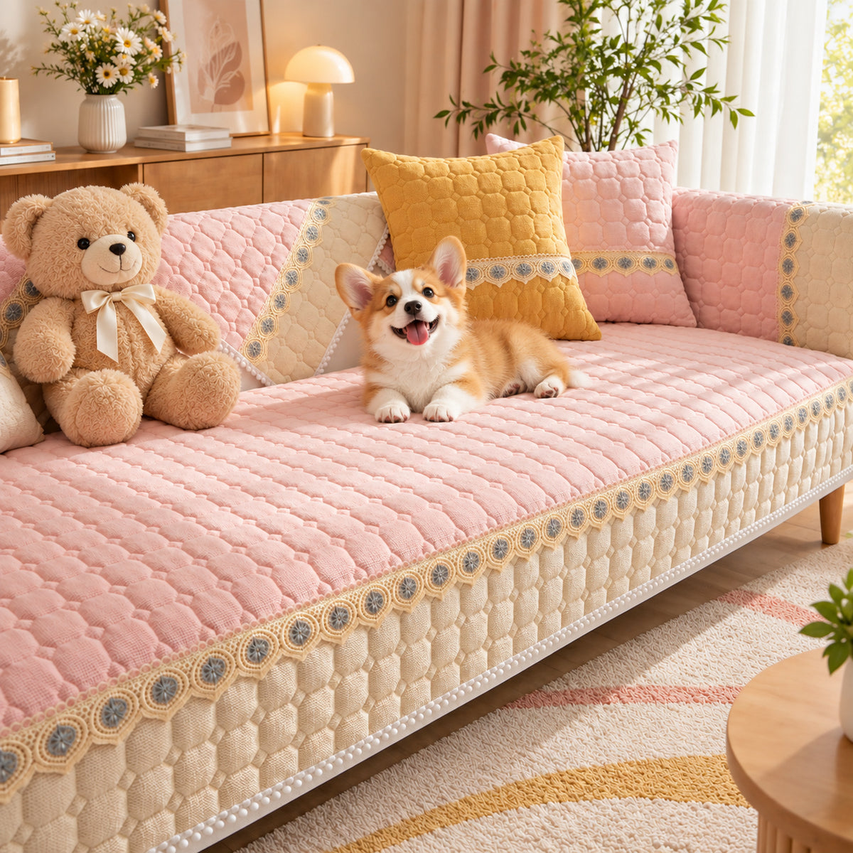 Honeycomb Sofa Cover | Quilted Corduroy | Non-Slip Washable Sofa Protector