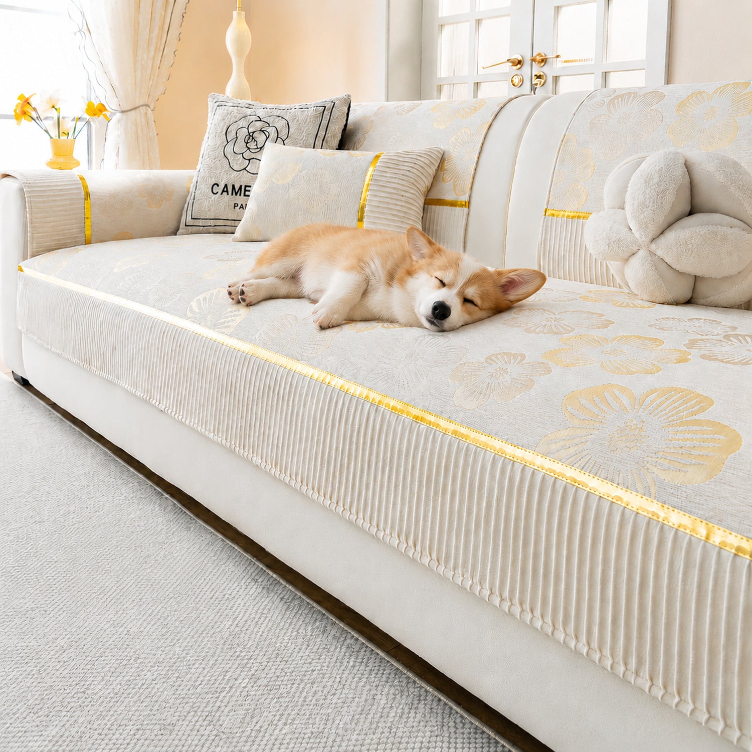 Golden Camellia Jacquard Sofa Cover | Chenille Anti-Slip Washable | Pet Protector