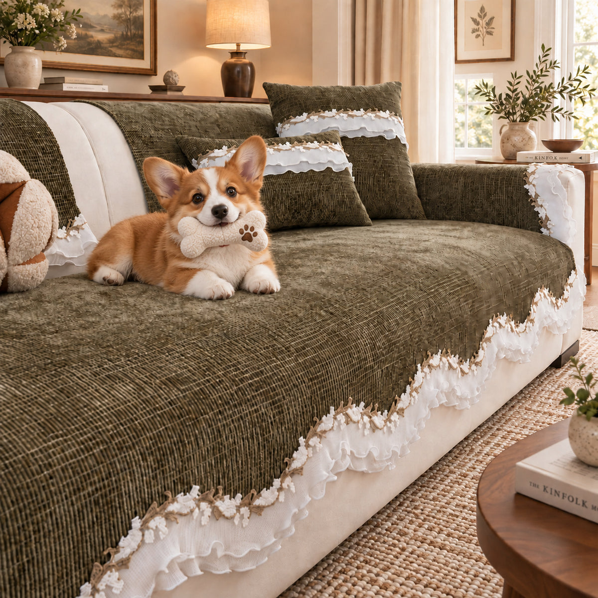 Ruffle Charm Chenille Sofa Cover | Non-Slip & Machine Washable