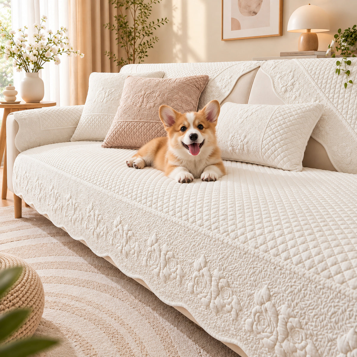 Rose Garden Sofa Cover | Quilted Cotton | Washable Sofa Protector