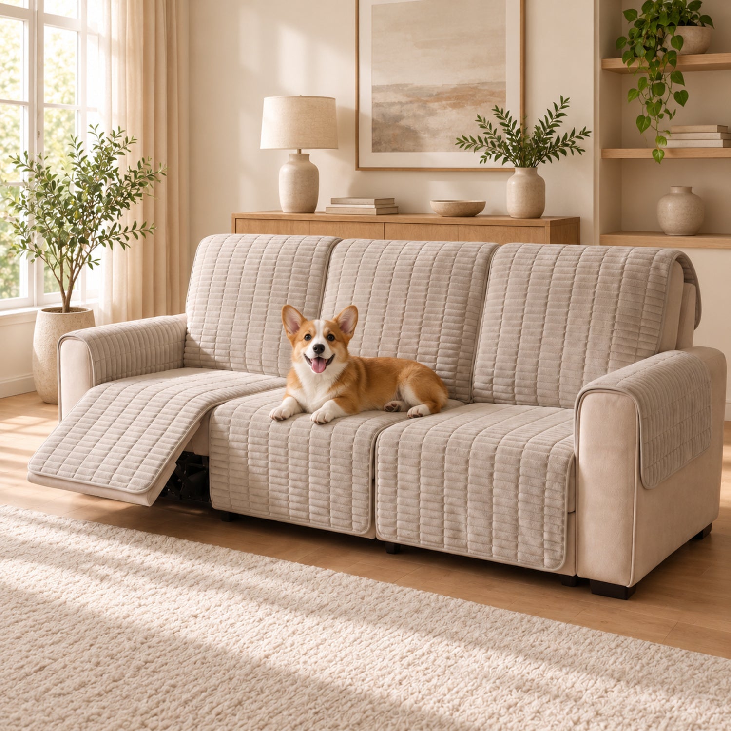 Flannel Recliner Sofa Cover | One-Piece Non-Slip Pet Protector with Elastic Straps