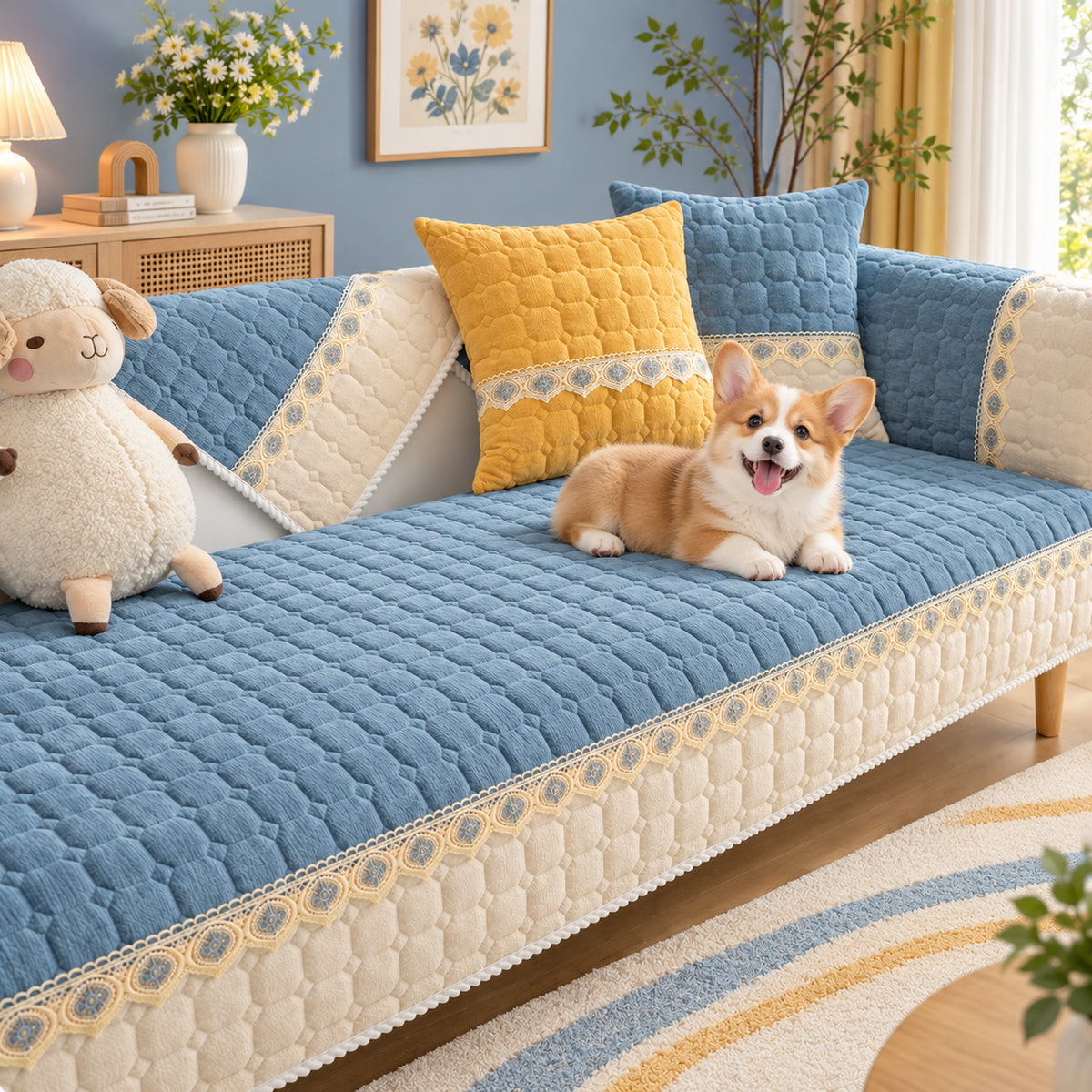 Honeycomb Sofa Cover | Quilted Corduroy | Non-Slip Washable Sofa Protector