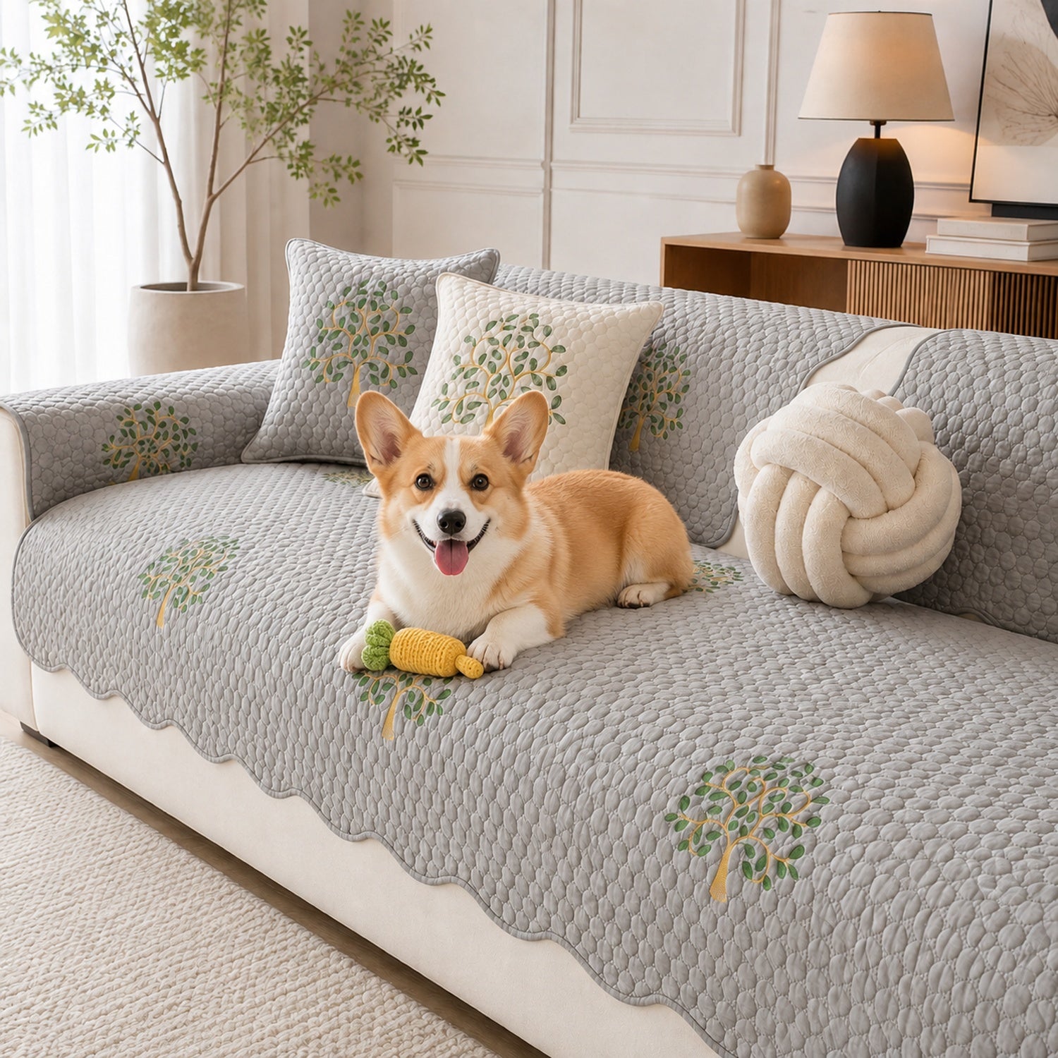 Tree Embroidered Cotton Sofa Protector | Quilted Non-Slip Machine Washable Cover