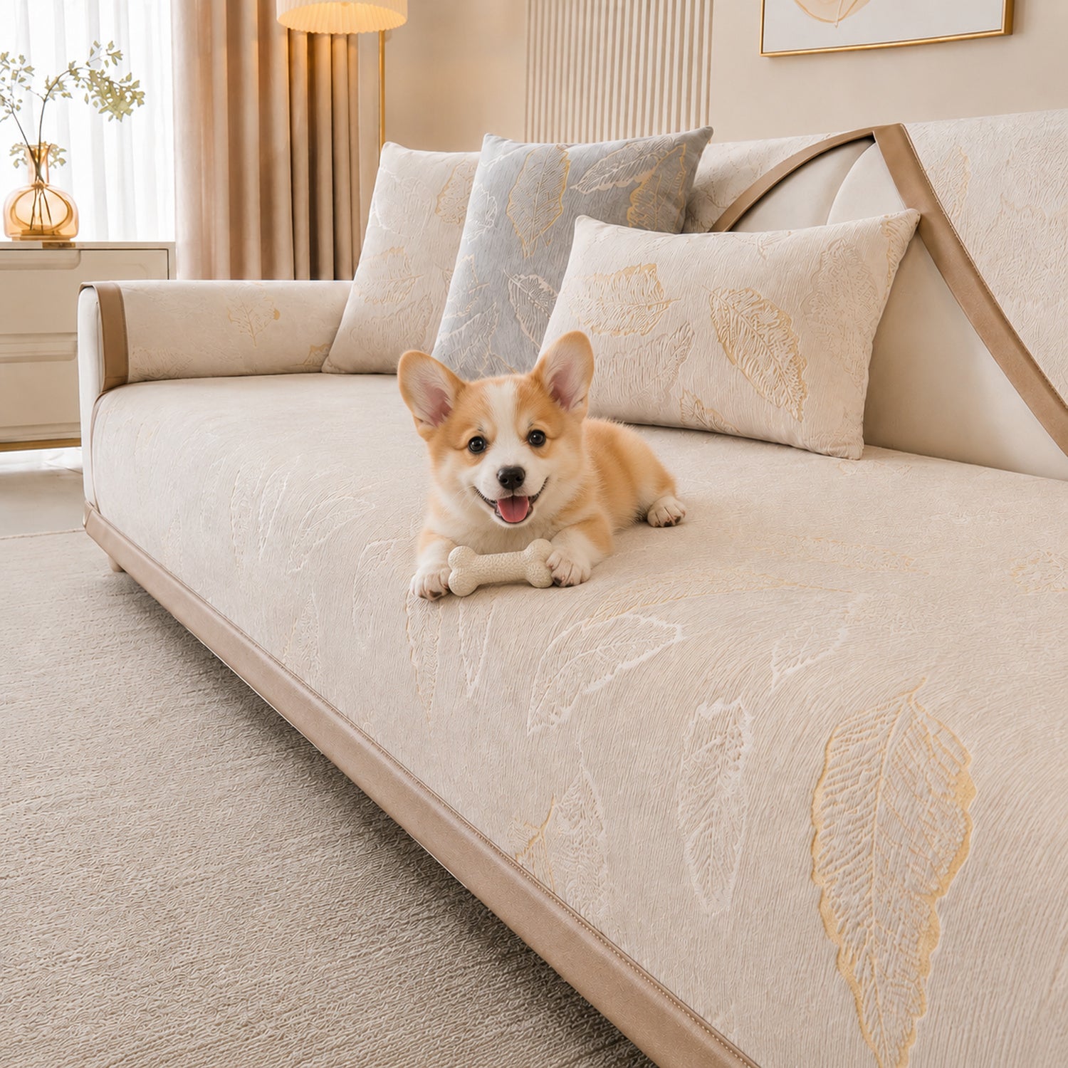 Gilded Leaf Sofa Protector | Chenille Jacquard Non-Slip Washable Cover