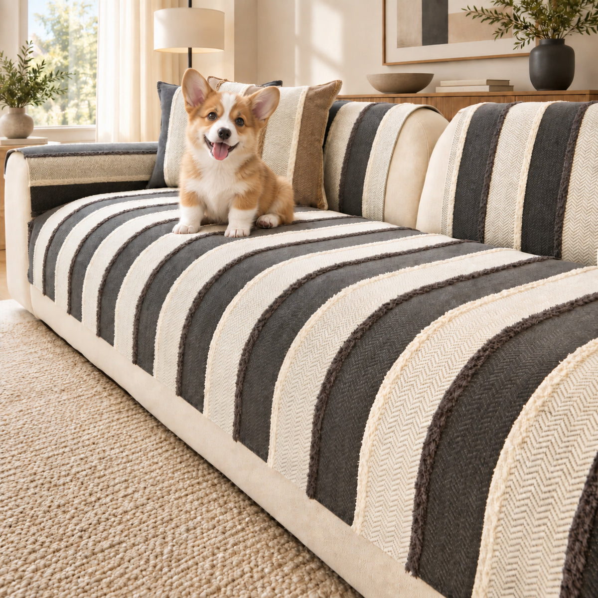 Vintage Striped Sofa Cover | Soft Chenille | Non-Slip, Machine Washable