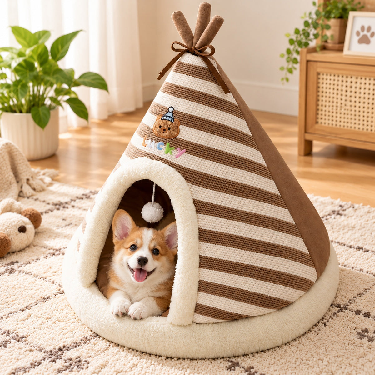 Dog Bed & Cat Bed | Striped Teepee Tent with Removable Cushion