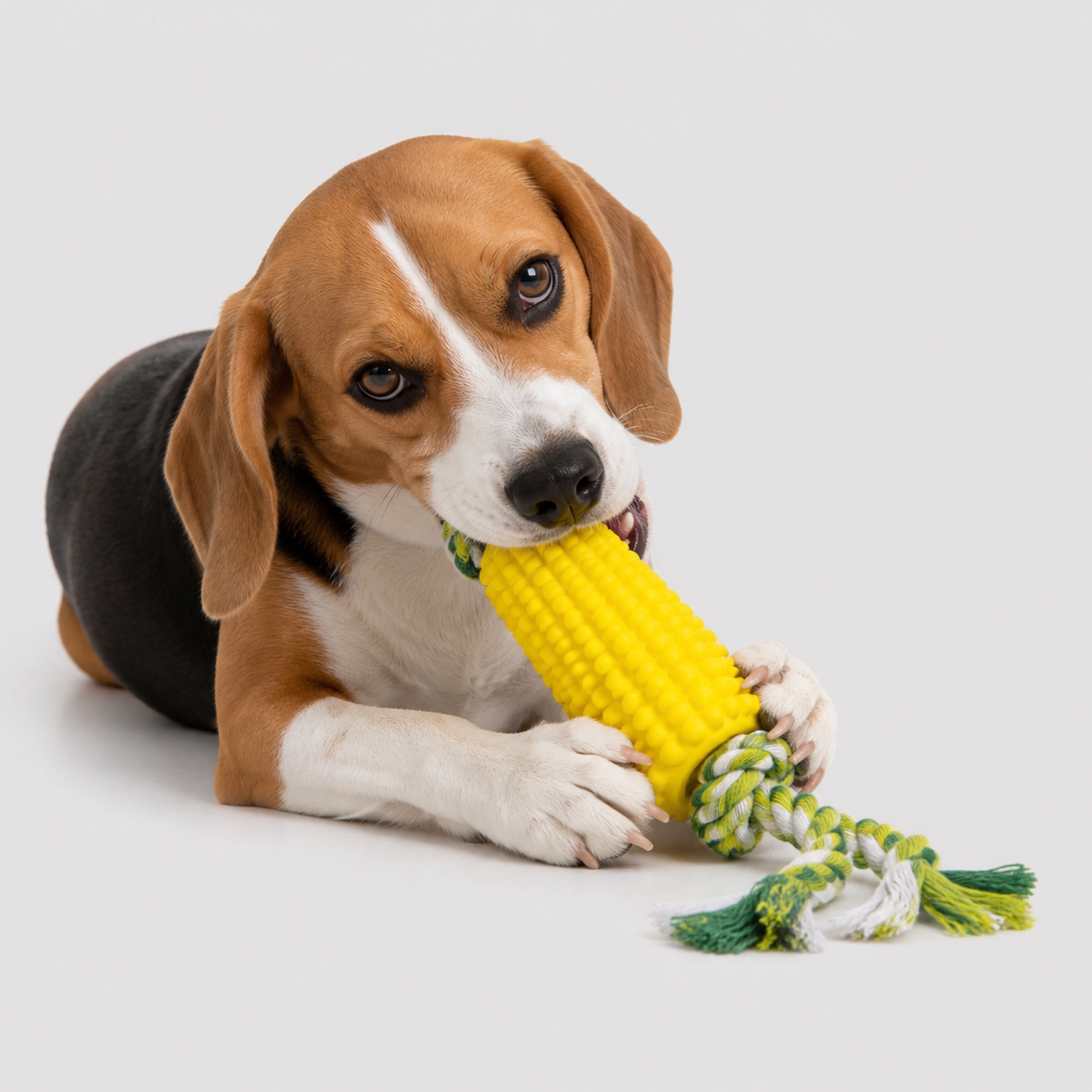 Dog chewing corn dog chew toy with braided rope on light grey studio background