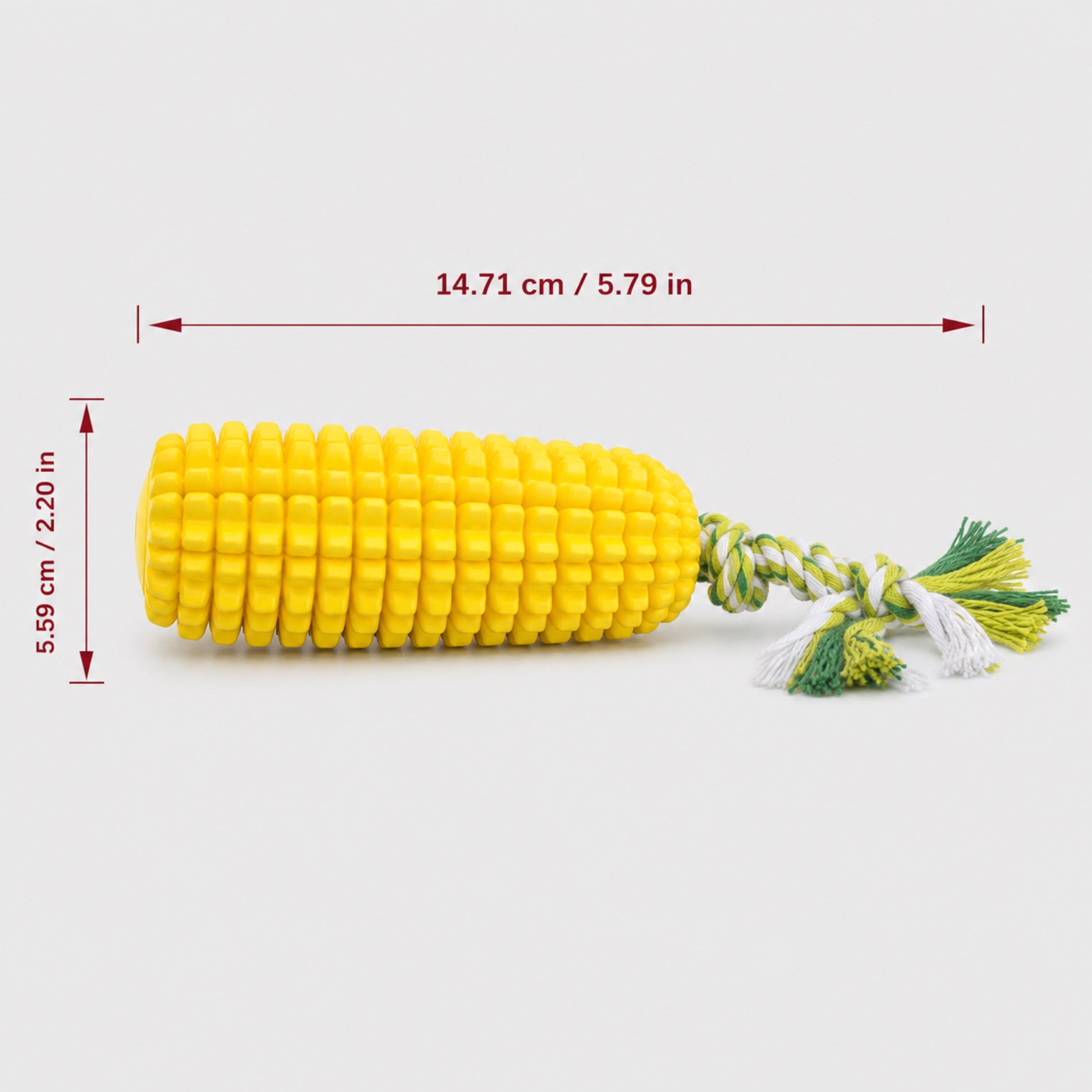Corn dog chew toy sizing diagram showing 14.71 cm length and 5.59 cm width
