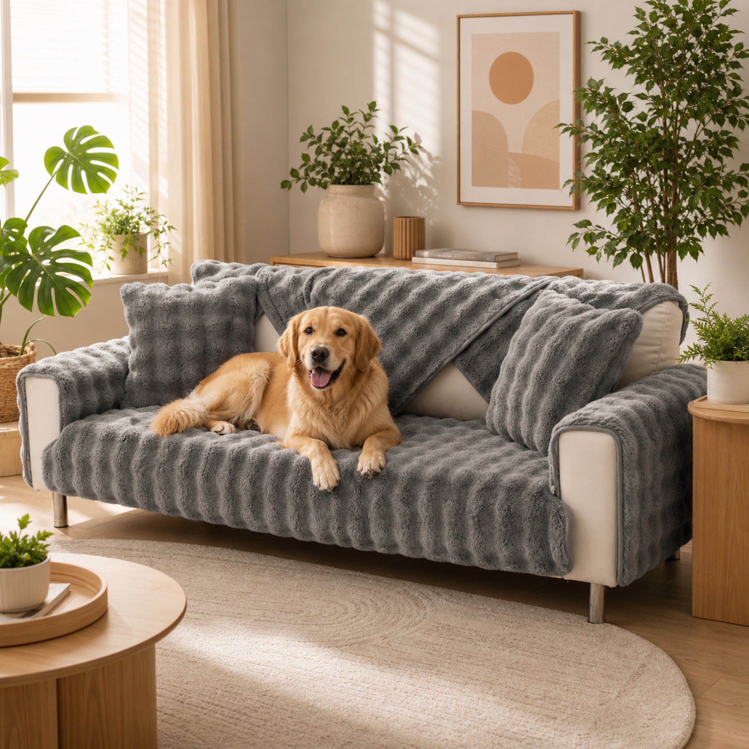 Grey plush non-slip sofa cover in a cozy modern living room with a happy dog