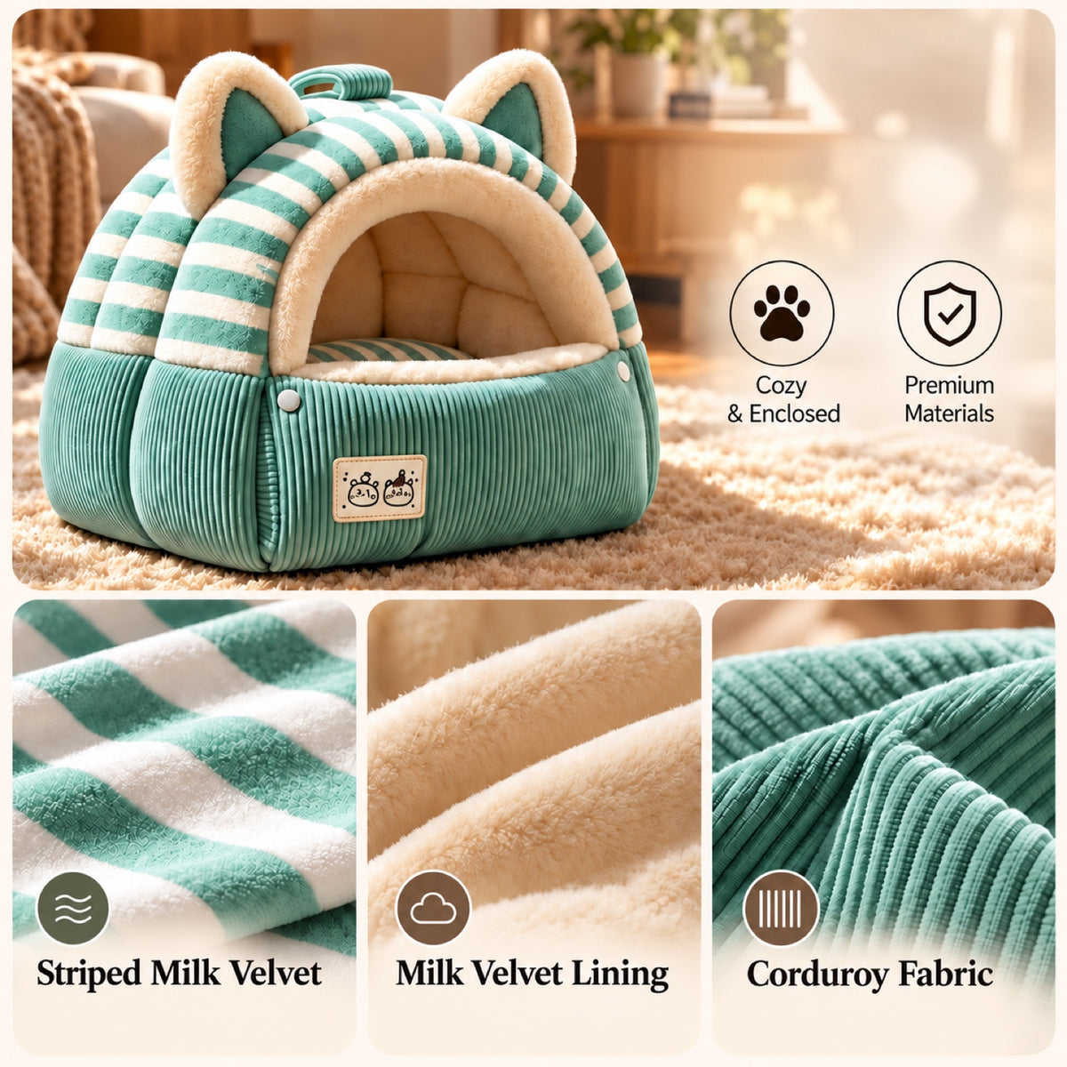 Cat Bed | Kitty Stripe Cave | Soft Plush & Corduroy | Fold-Down Front