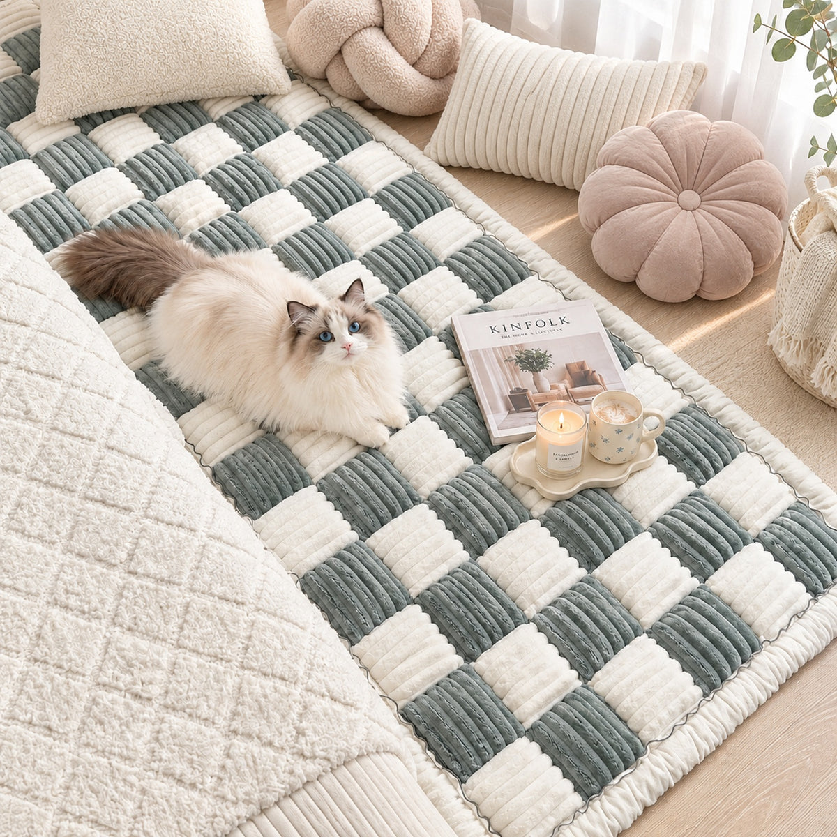 Checkerboard Sofa Cover | Non-Slip Sofa Protector | Ribbed Chenille with Soft Padding