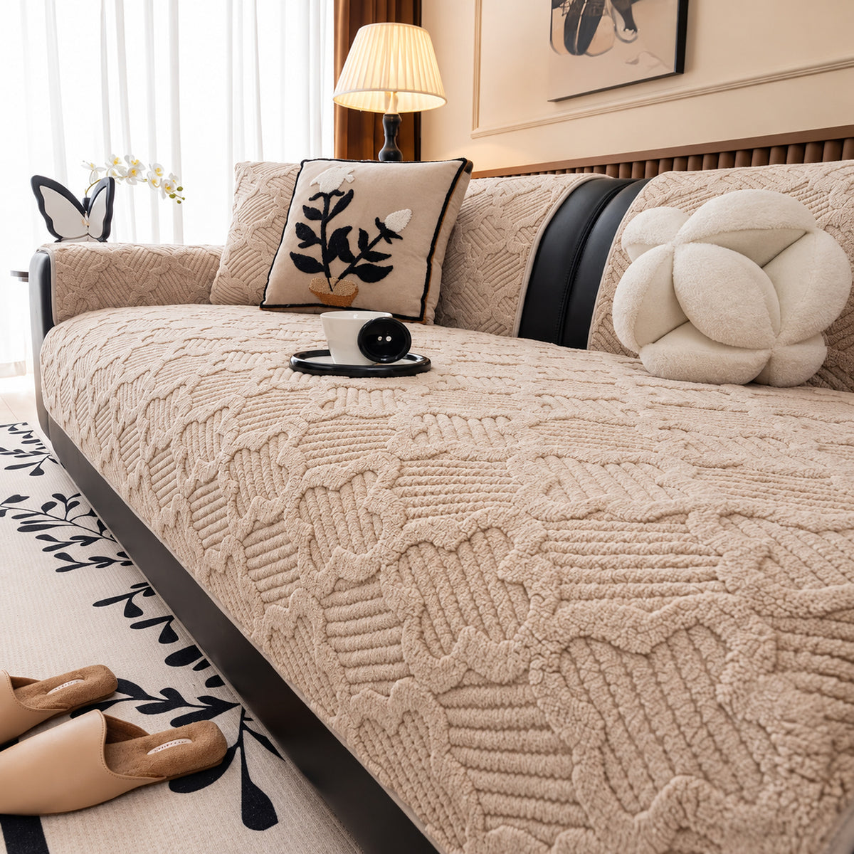 Plush Sofa Cover | Non-Slip Sofa Protector | Sculpted Weave | Machine Washable