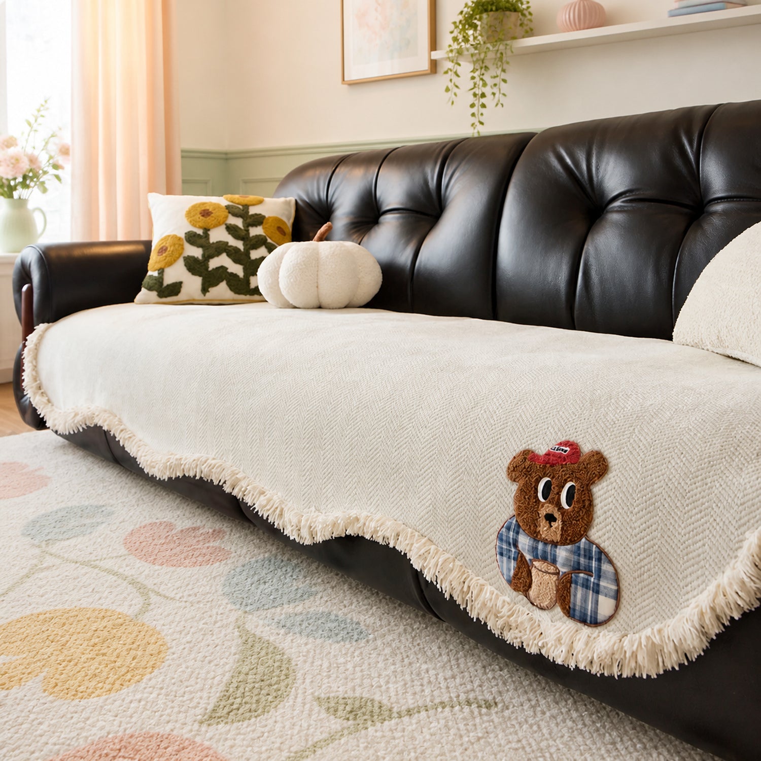 Little Bear Sofa Cover | Chenille Non-Slip Sofa Protector | Machine Washable