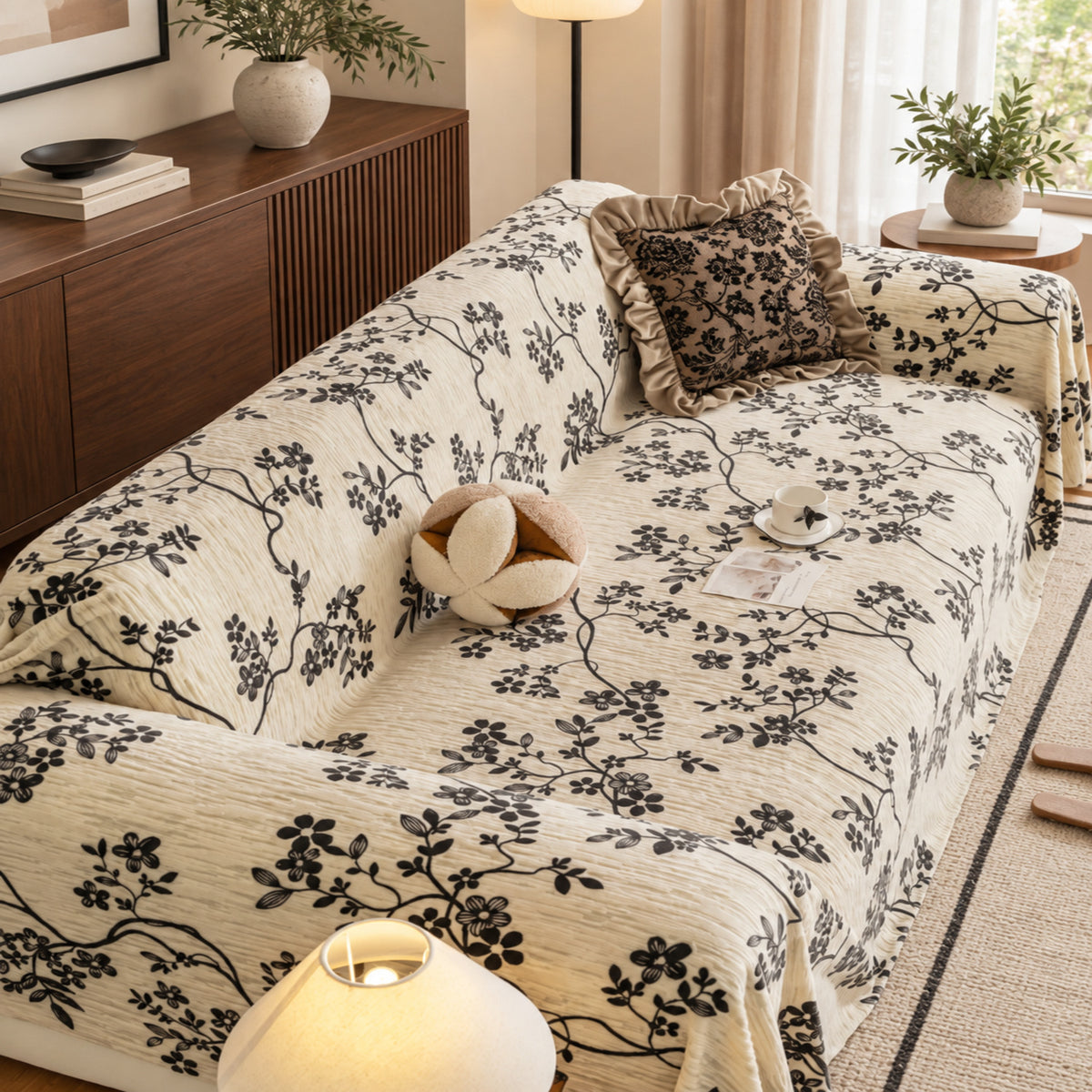 Trailing Blossom Chenille Sofa Throw | Embossed Floral Scratch-Resistant Sofa Protector