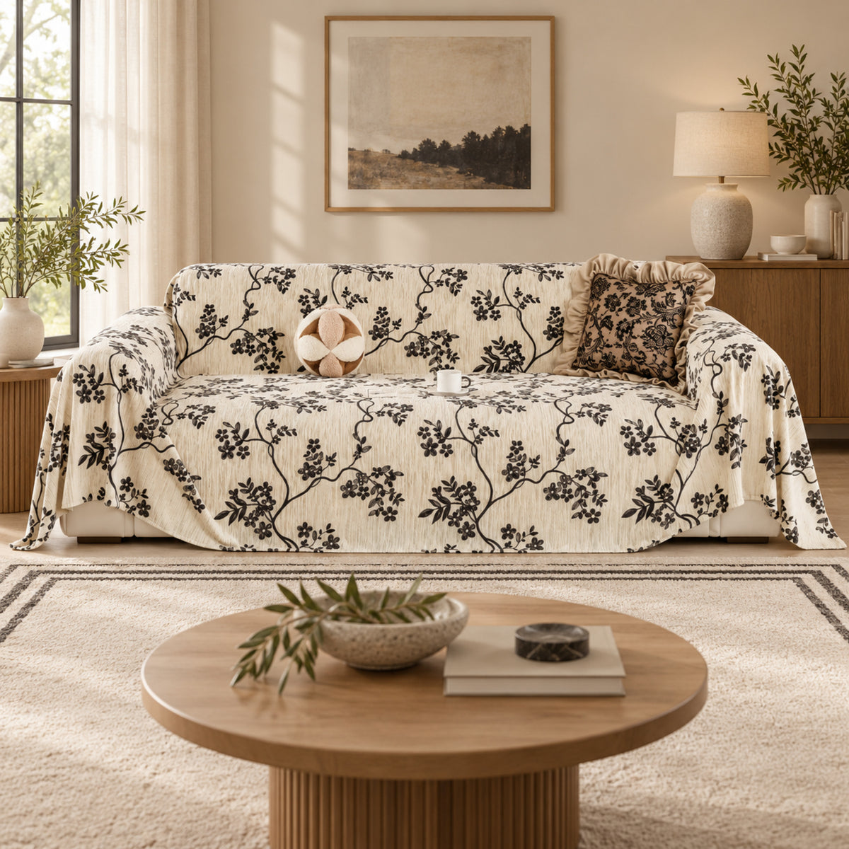 Trailing Blossom Chenille Sofa Throw | Embossed Floral Scratch-Resistant Sofa Protector