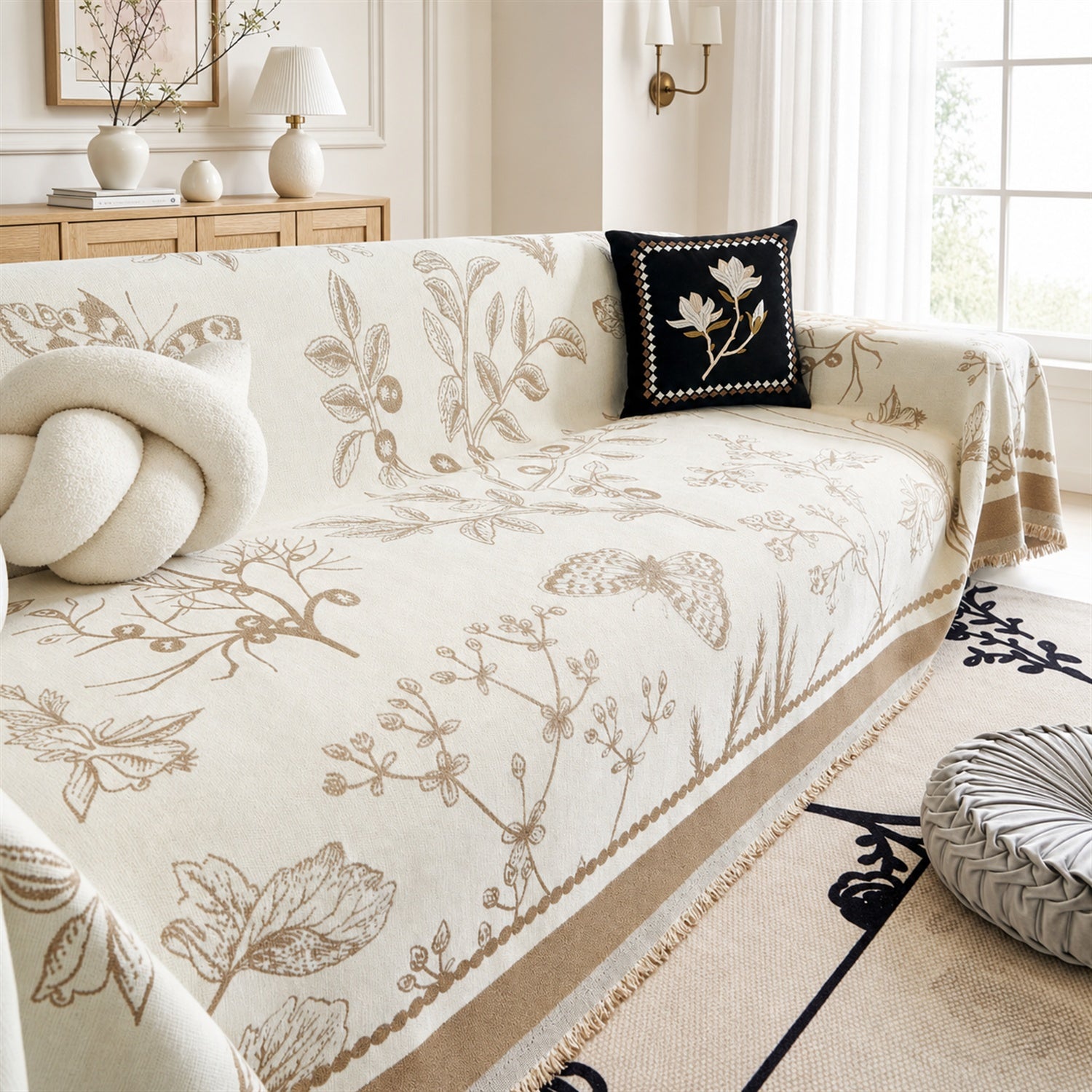 Botanical Sketch Reversible Chenille Sofa Throw | Machine-Washable Sofa Protector