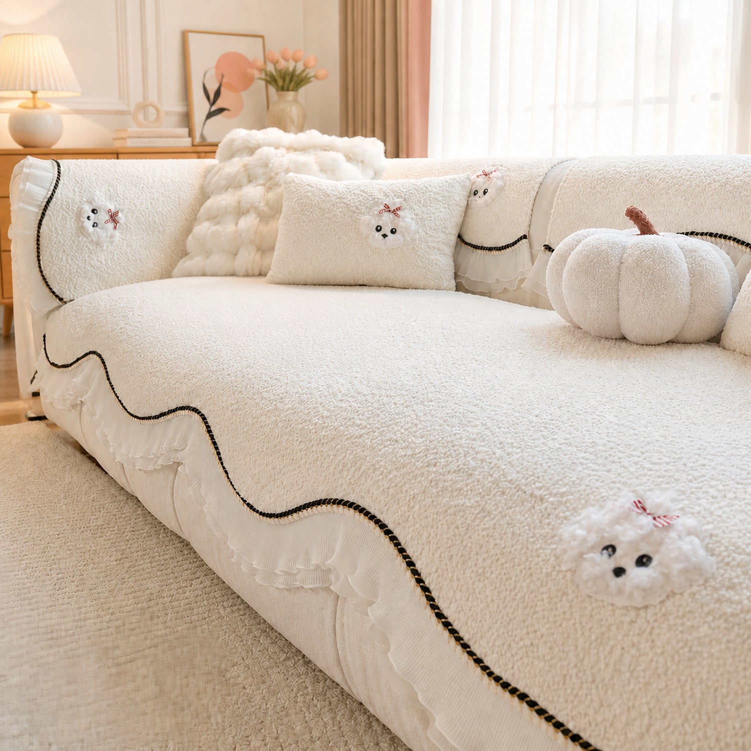 Little Puppy Ruffle Sofa Protector | Chenille | Non-Slip Washable Cover